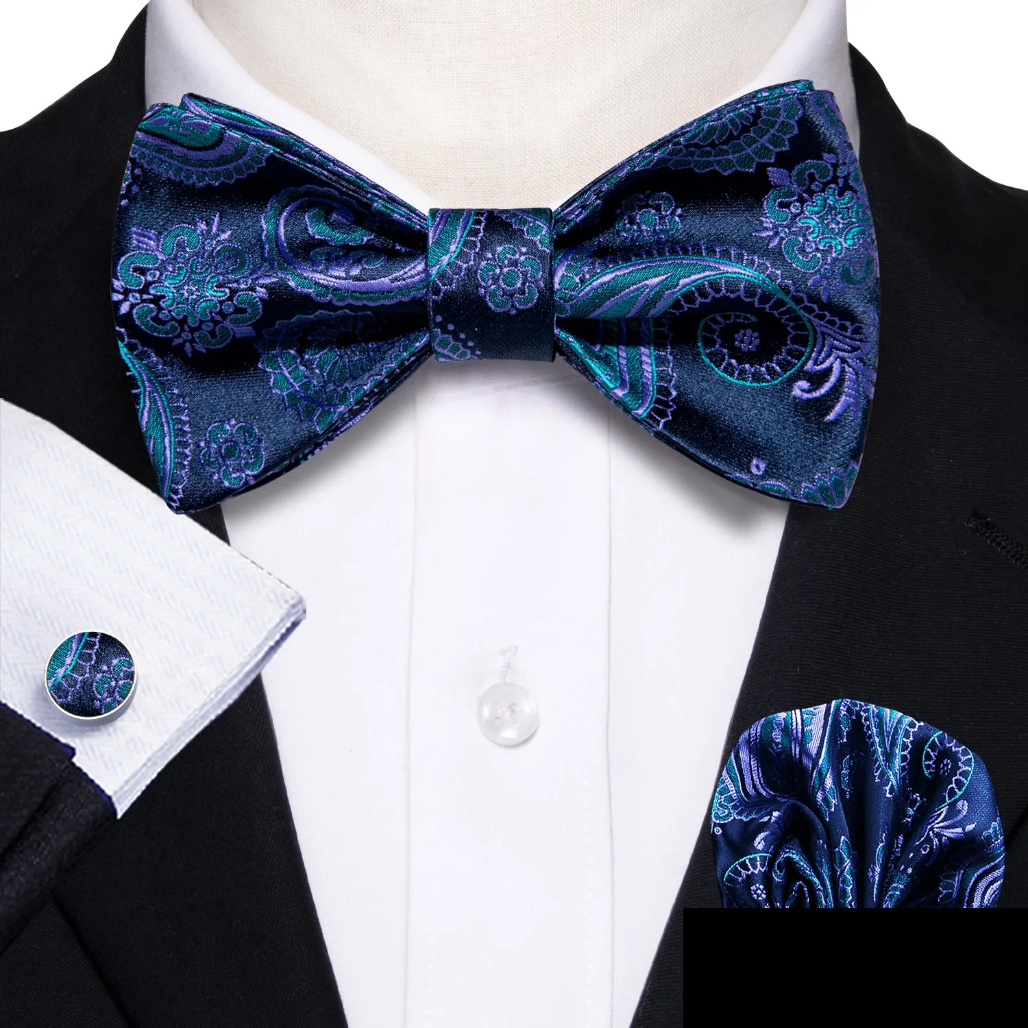 Barry. Wang Classic Blue Bow Tie for Men Paisley Jacquard Silk Self-tied Bow Tie Hanky Cufflinks Set sold by Barrywang product image thumbnail 3
