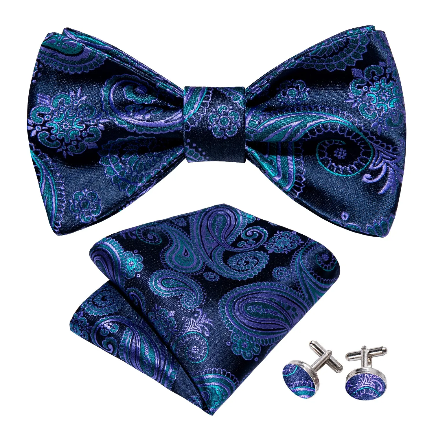 Barry. Wang Classic Blue Bow Tie for Men Paisley Jacquard Silk Self-tied Bow Tie Hanky Cufflinks Set sold by Barrywang product image thumbnail 2