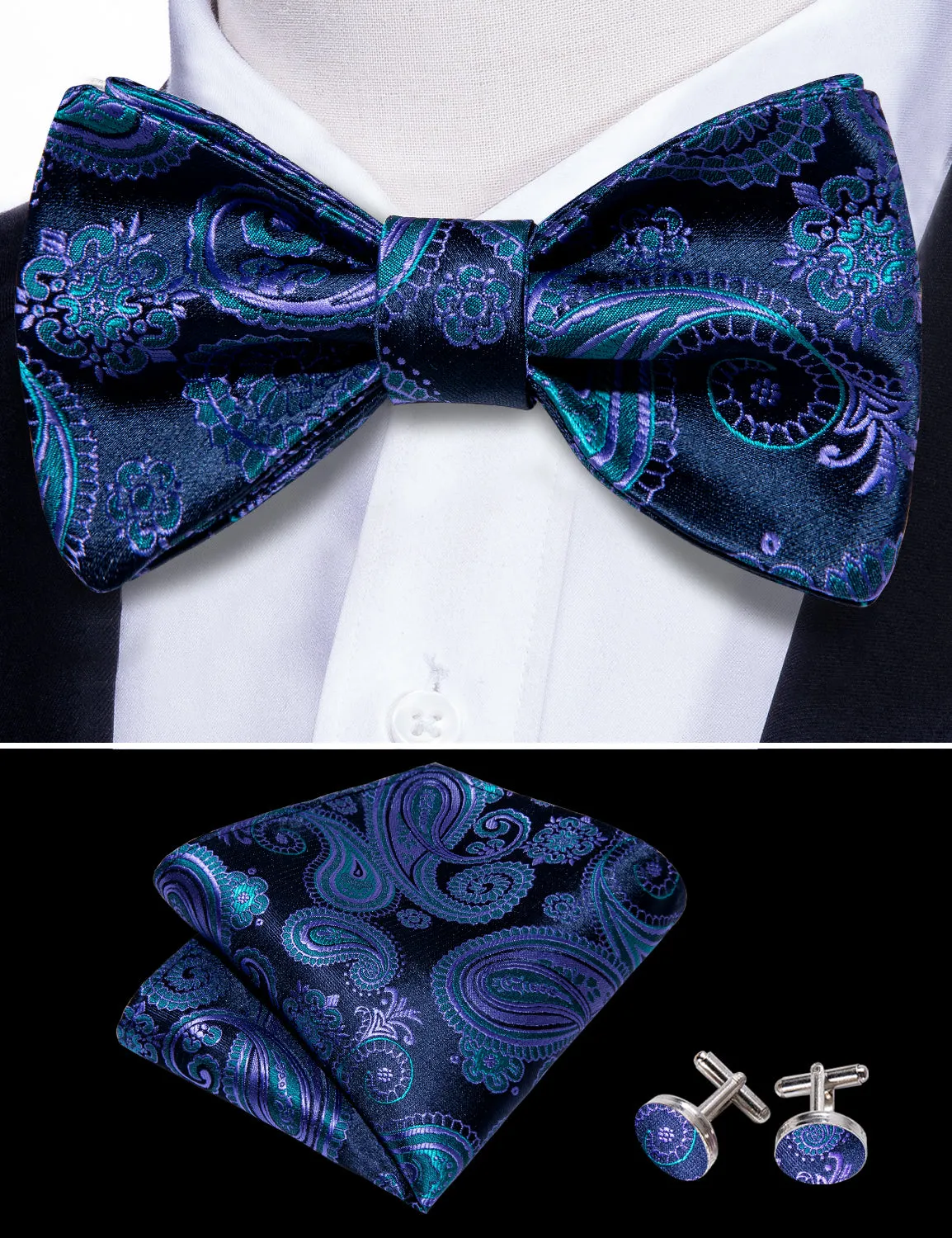 Barry. Wang Classic Blue Bow Tie for Men Paisley Jacquard Silk Self-tied Bow Tie Hanky Cufflinks Set sold by Barrywang product image thumbnail 4
