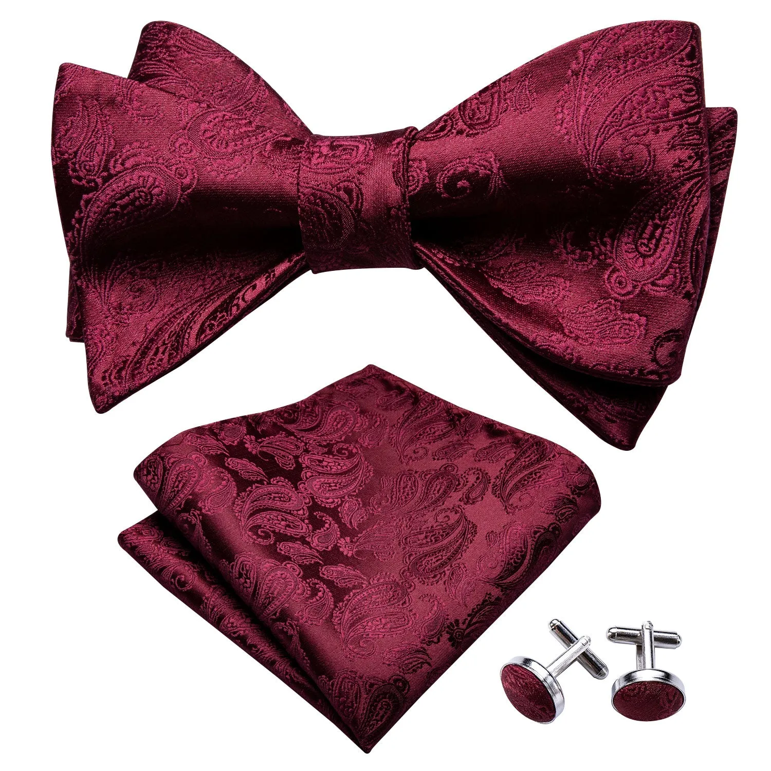 Barry. Wang Burgundy Paisley Bow Tie Pocket Square Cufflinks Set Adjustable Self-tied Tuxedos Bowtie sold by Barrywang product image thumbnail 3