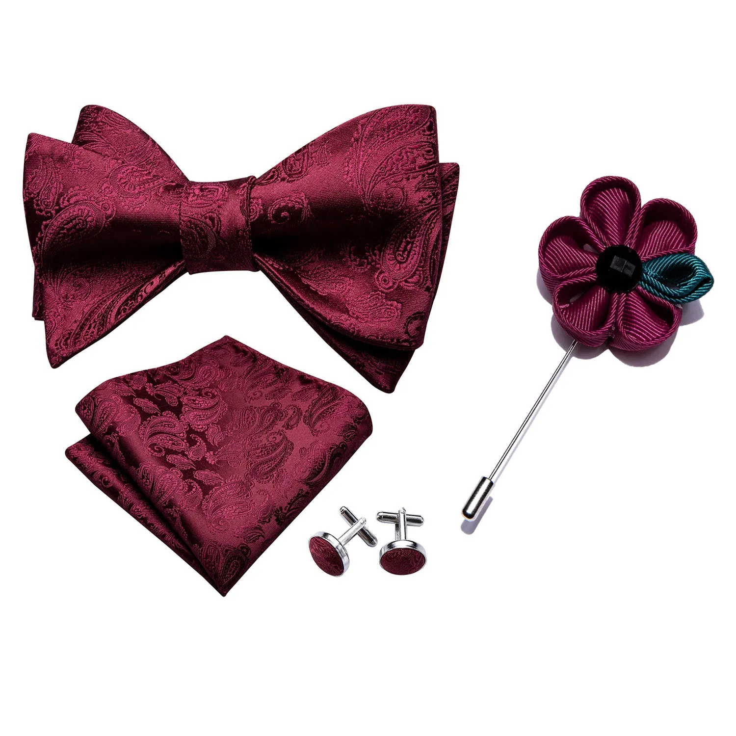 Barry. Wang Burgundy Paisley Bow Tie Pocket Square Cufflinks Set Adjustable Self-tied Tuxedos Bowtie sold by Barrywang