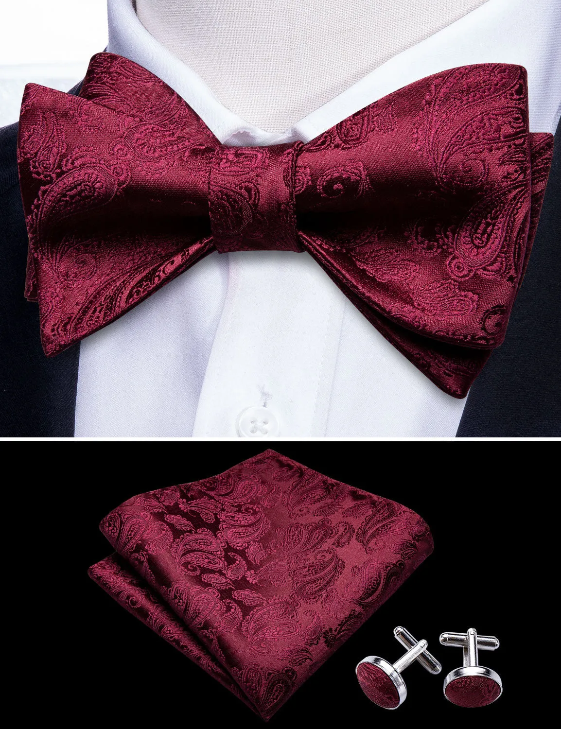 Barry. Wang Burgundy Paisley Bow Tie Pocket Square Cufflinks Set Adjustable Self-tied Tuxedos Bowtie sold by Barrywang product image thumbnail 2