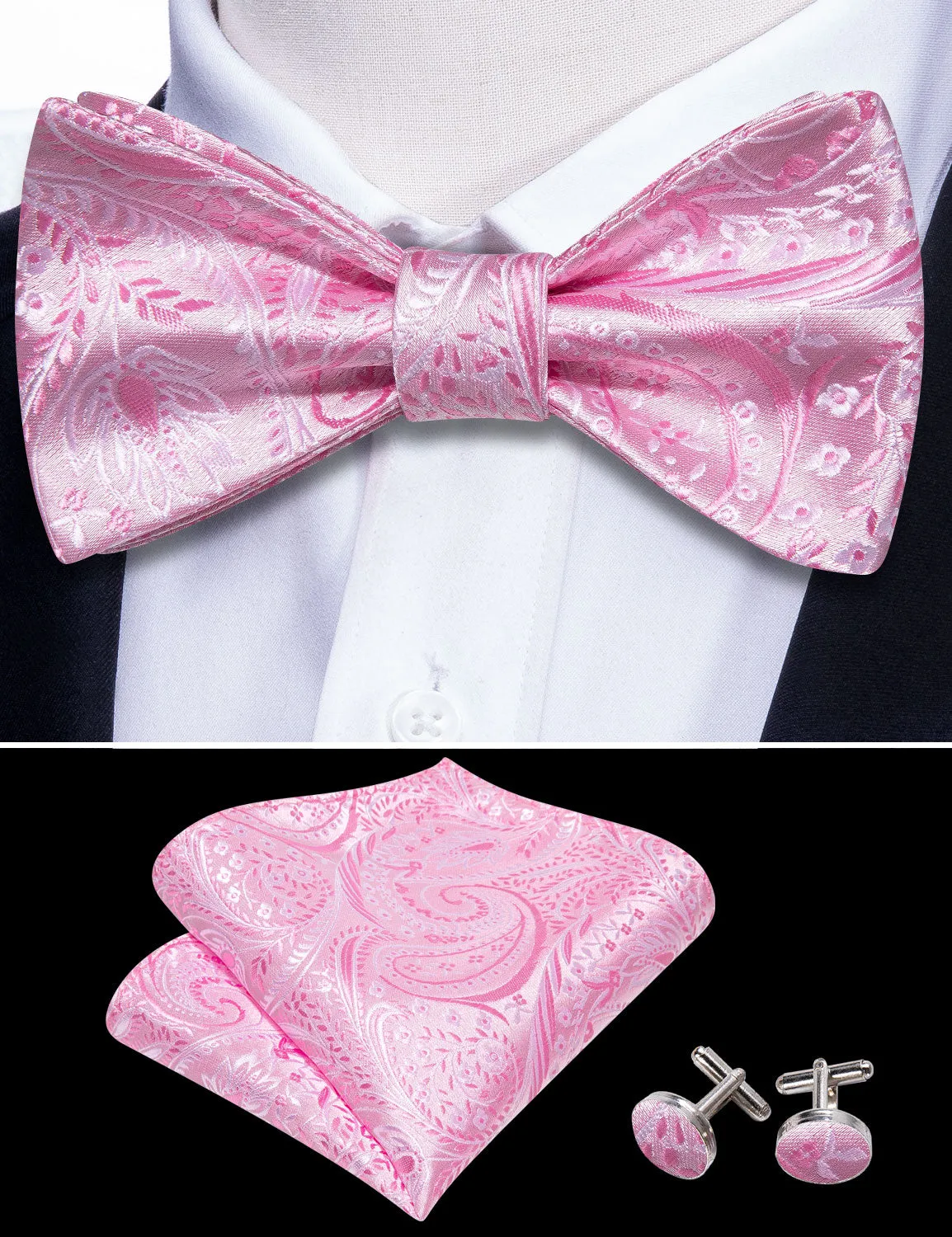 Barry. Wang Rosepink Bowtie Pocket Square Cufflinks Set Paisley Self-tied Jacquard Bow Tie for Tuxedo sold by Barrywang product image thumbnail 3