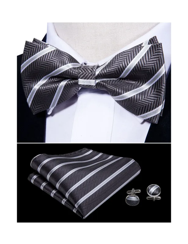 Barry. Wang Stripe Grey Bowtie for Men Pre-tied Silk Adjustable Bow Tie Pocket Square Cufflinks Set sold by Barrywang