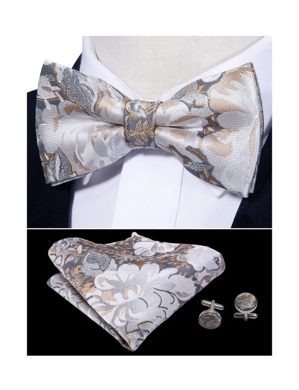 Barry. Wang White Floral Bow Tie Pre-tied Silk Jacquard Bow Tie for Groom Pocket Square Cufflinks Set sold by Barrywang