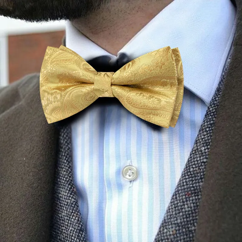 Barry. Wang Light Gold Bow Tie Hanky Cufflinks Set Paisley Pre-tied Jacquard Bow Tie for Wedding Party sold by Barrywang