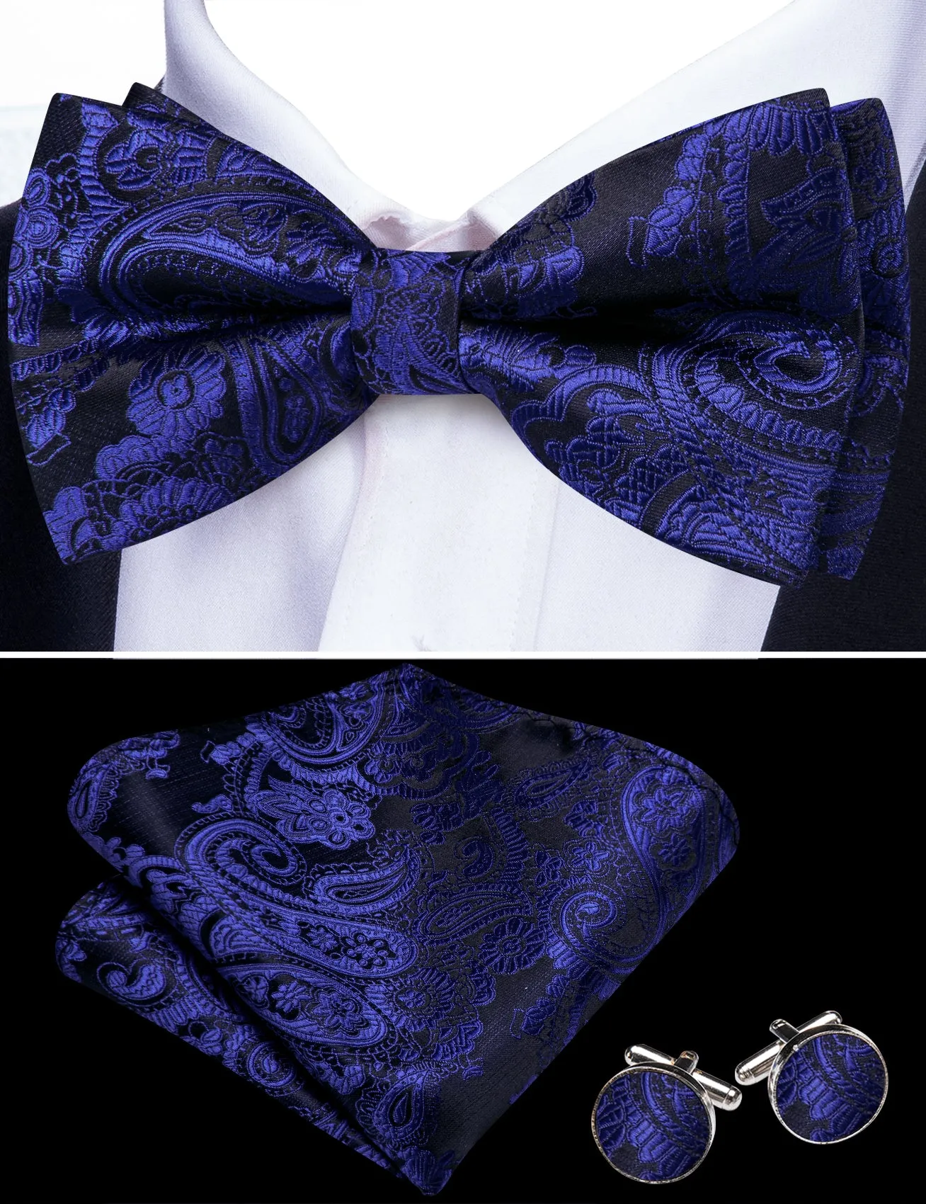Barry. Wang Navy Blue Paisley Bowtie Pre-tied Silk Men's Tuxedo Bow Tie Hanky Cufflinks Set for Wedding sold by Barrywang product image thumbnail 2