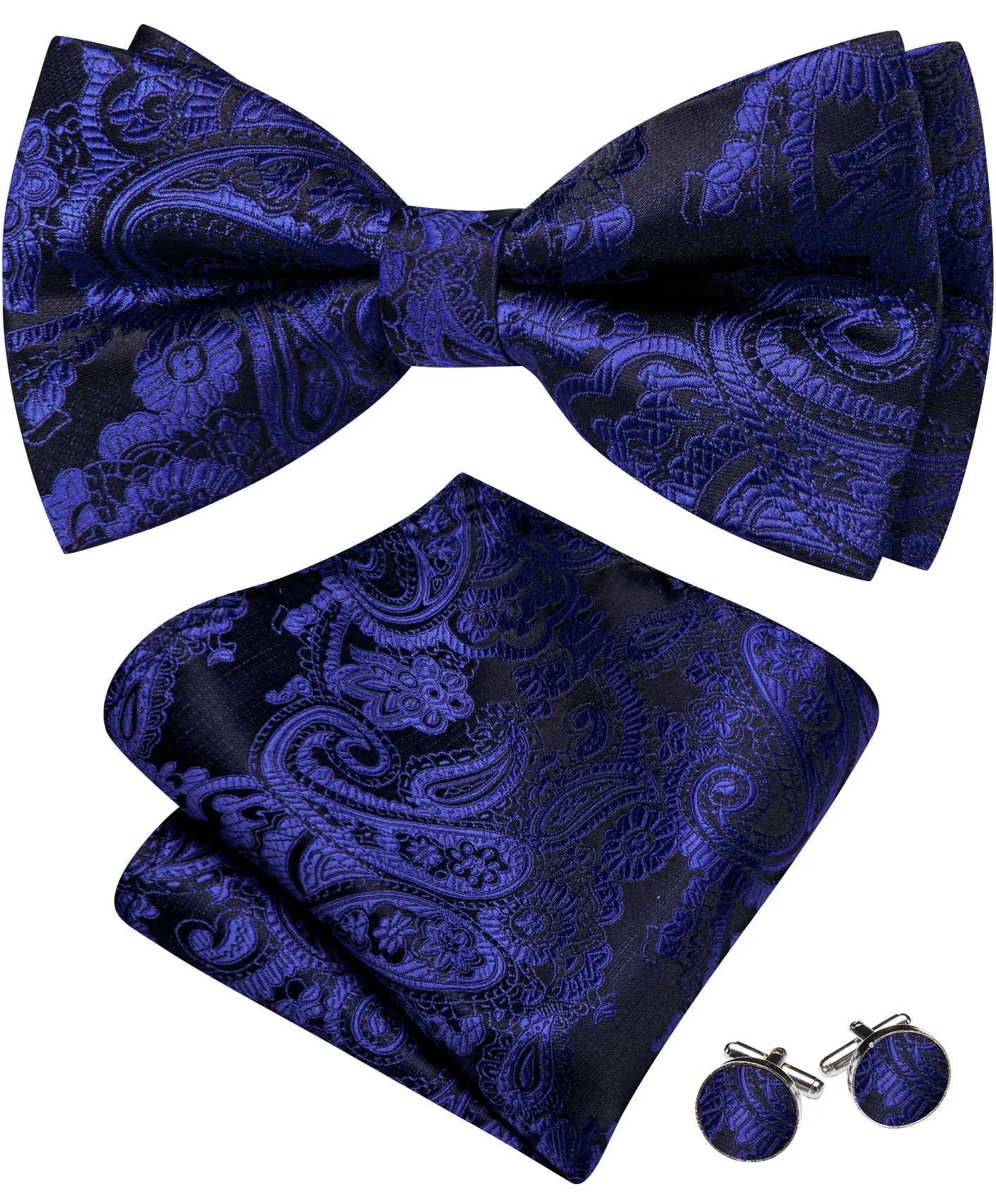 Barry. Wang Navy Blue Paisley Bowtie Pre-tied Silk Men's Tuxedo Bow Tie Hanky Cufflinks Set for Wedding sold by Barrywang product image thumbnail 4