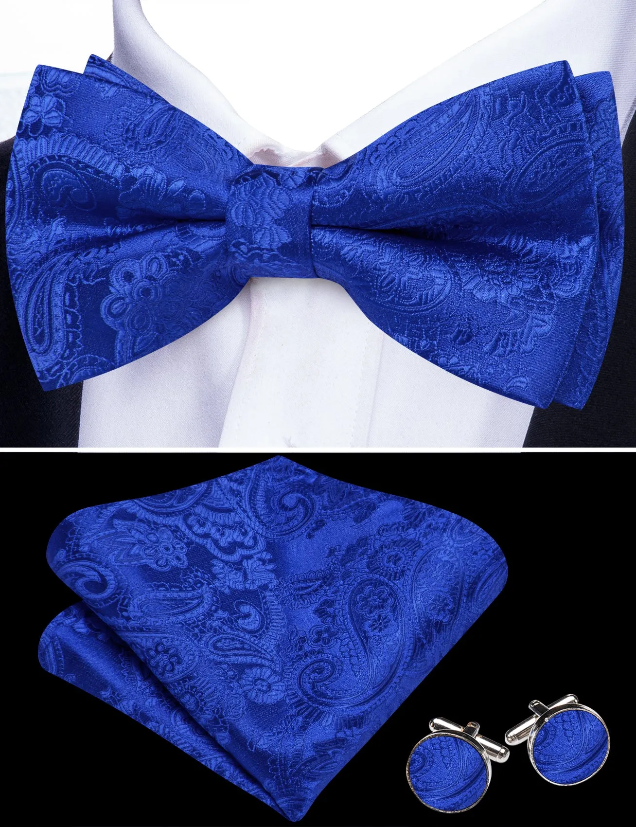 Barry. Wang Royal Blue Bow Tie Hanky Cufflinks Set Paisley Pre-tied Adjustable Bow Tie for Wedding Party sold by Barrywang product image thumbnail 2