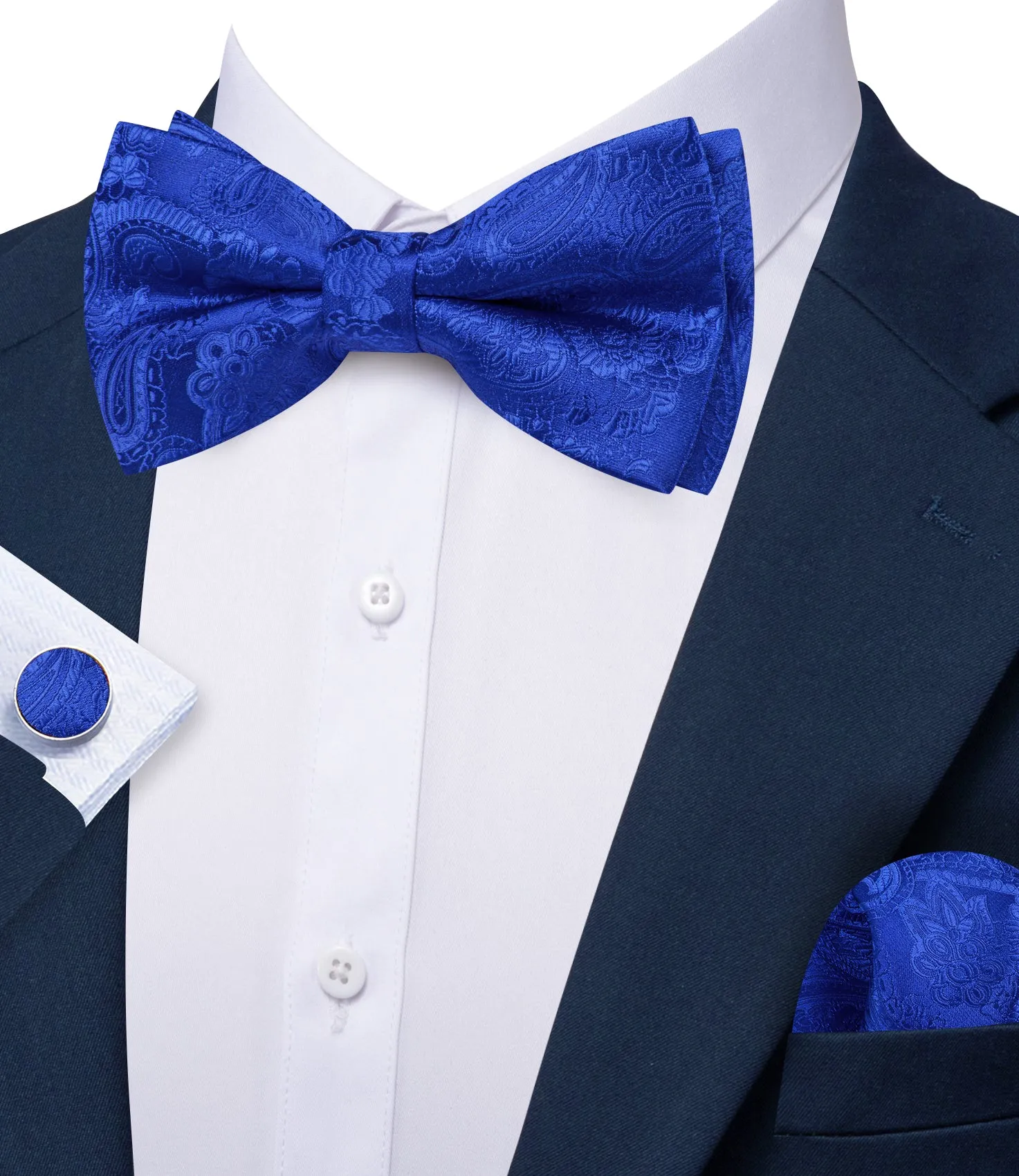 Barry. Wang Royal Blue Bow Tie Hanky Cufflinks Set Paisley Pre-tied Adjustable Bow Tie for Wedding Party sold by Barrywang product image thumbnail 3