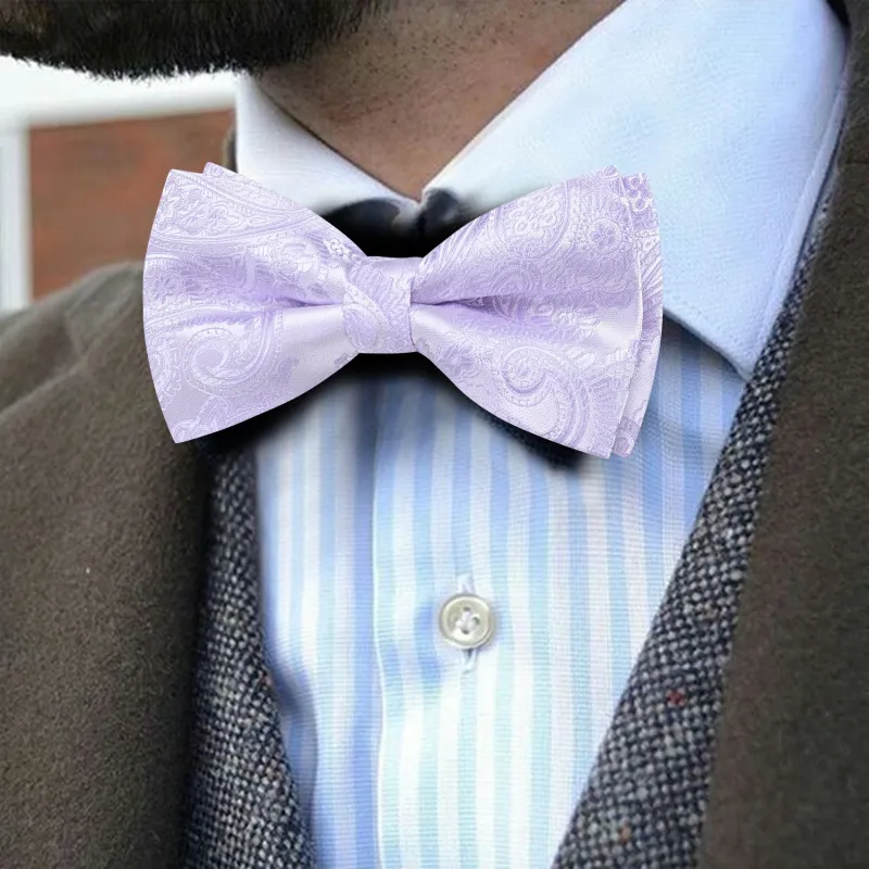 Barry. Wang Purple Lilac Bowtie Paisley Pre-tied Silk Tuxedo Bow Tie Pocket Square Cufflinks Set sold by Barrywang