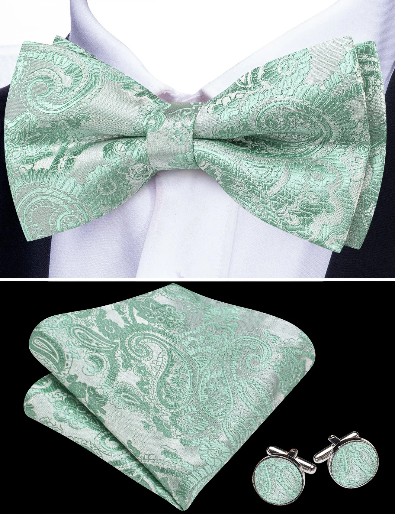 Barry. Wang Mint Paisley Bowtie Pocket Square Cufflinks Set Jacquard Pre-tied Tuxedo Formal Bow Tie sold by Barrywang product image thumbnail 2