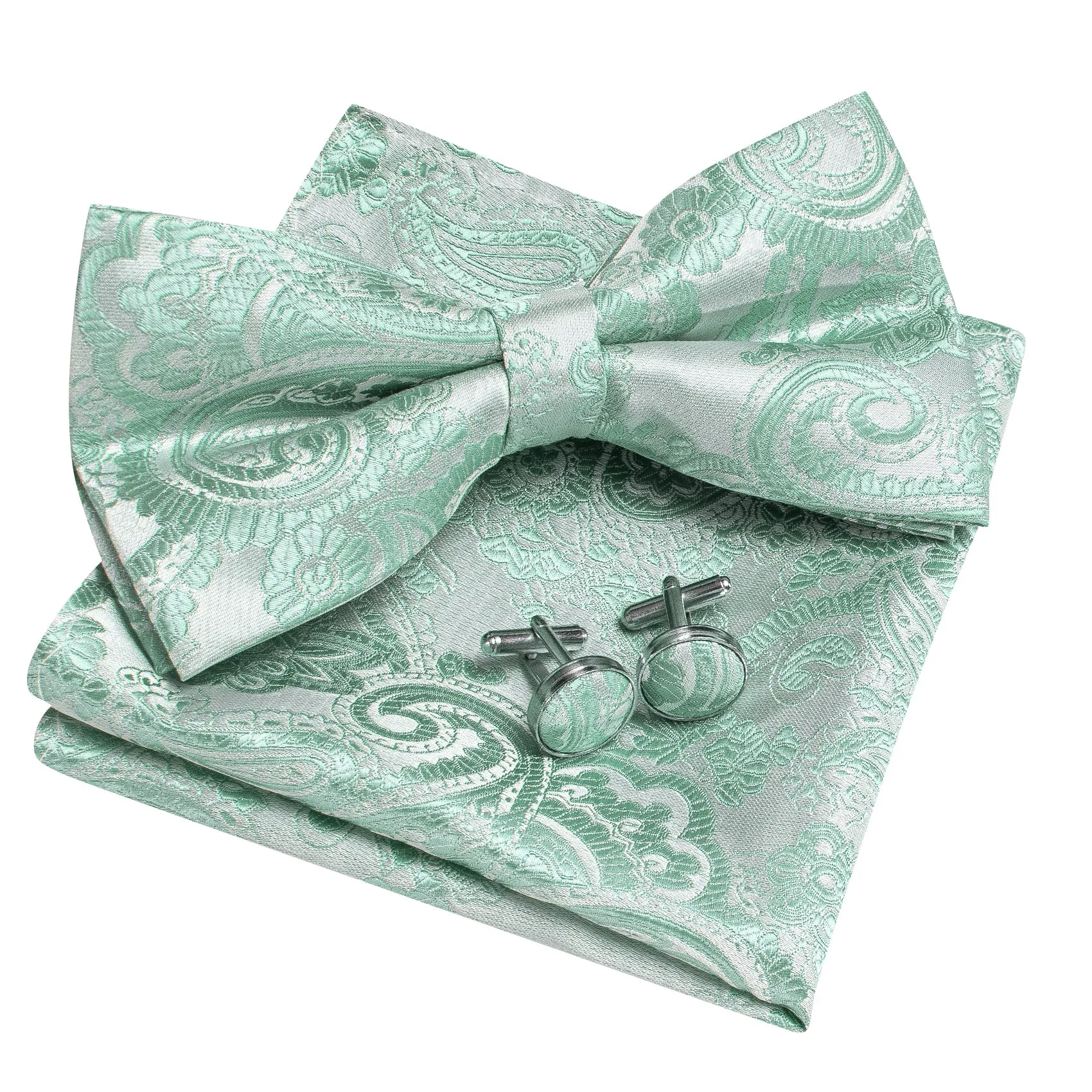 Barry. Wang Mint Paisley Bowtie Pocket Square Cufflinks Set Jacquard Pre-tied Tuxedo Formal Bow Tie sold by Barrywang product image thumbnail 5