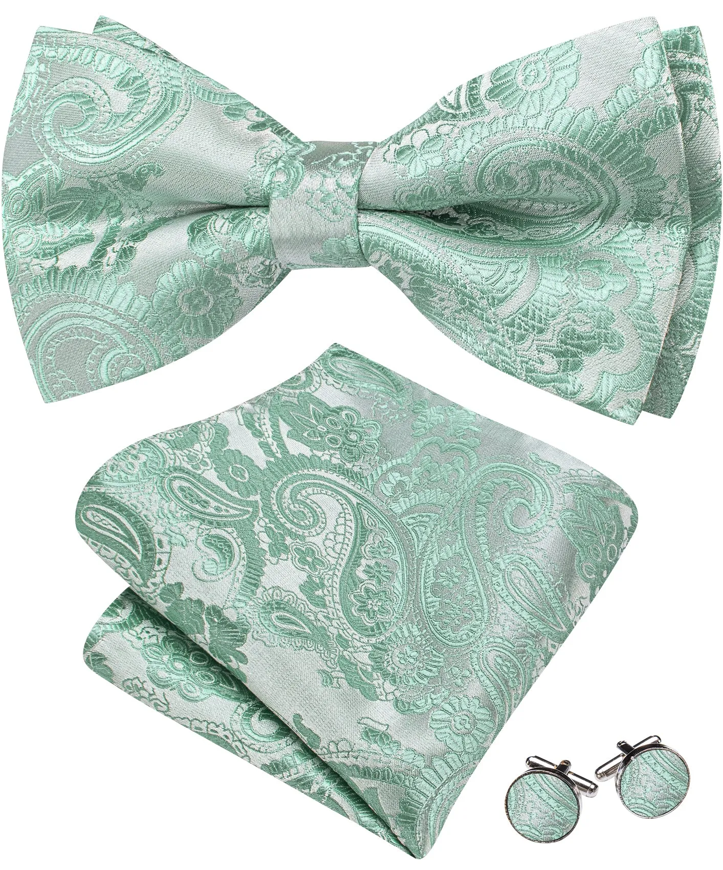 Barry. Wang Mint Paisley Bowtie Pocket Square Cufflinks Set Jacquard Pre-tied Tuxedo Formal Bow Tie sold by Barrywang product image thumbnail 4