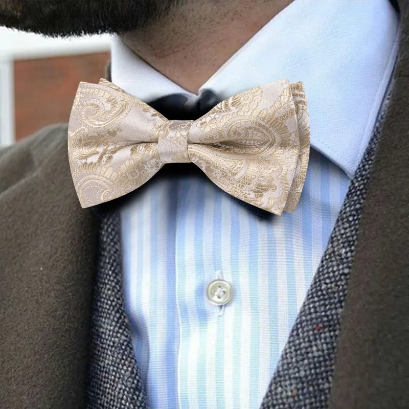Barry. Wang Light Champagne Bow Tie Adjustable Paisley Pre-tied Tuxedo Bow Tie Hanky Cufflinks Set sold by Barrywang