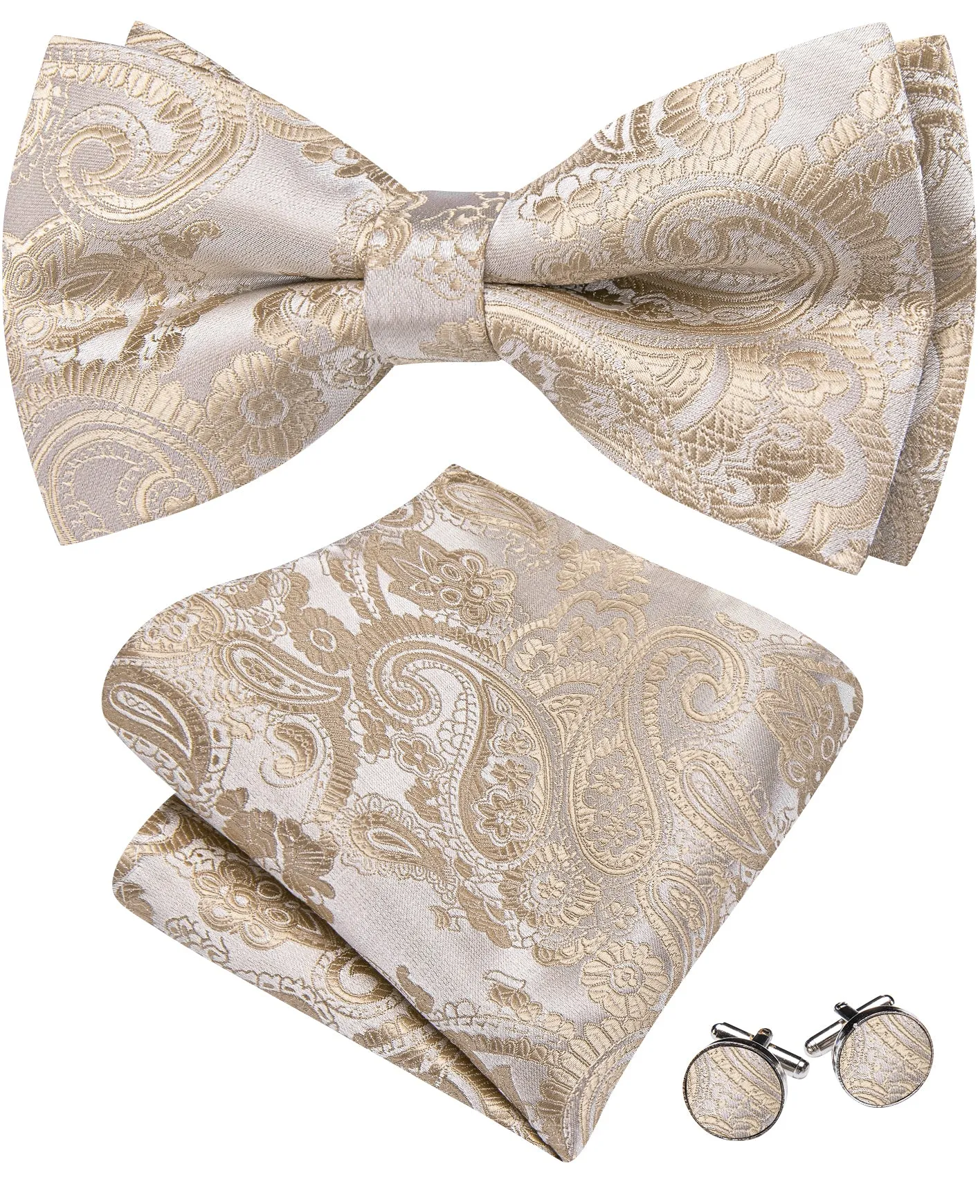 Barry. Wang Light Champagne Bow Tie Adjustable Paisley Pre-tied Tuxedo Bow Tie Hanky Cufflinks Set sold by Barrywang product image thumbnail 4