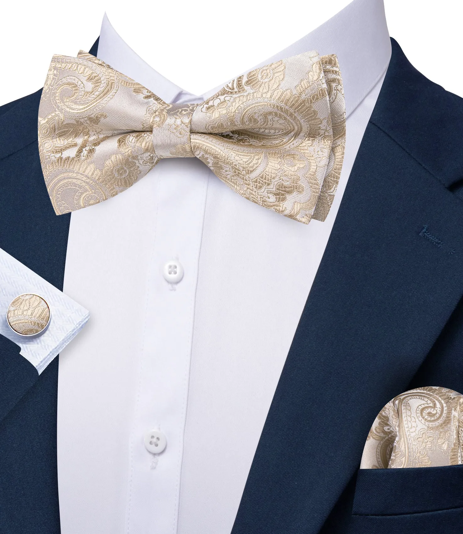 Barry. Wang Light Champagne Bow Tie Adjustable Paisley Pre-tied Tuxedo Bow Tie Hanky Cufflinks Set sold by Barrywang product image thumbnail 3