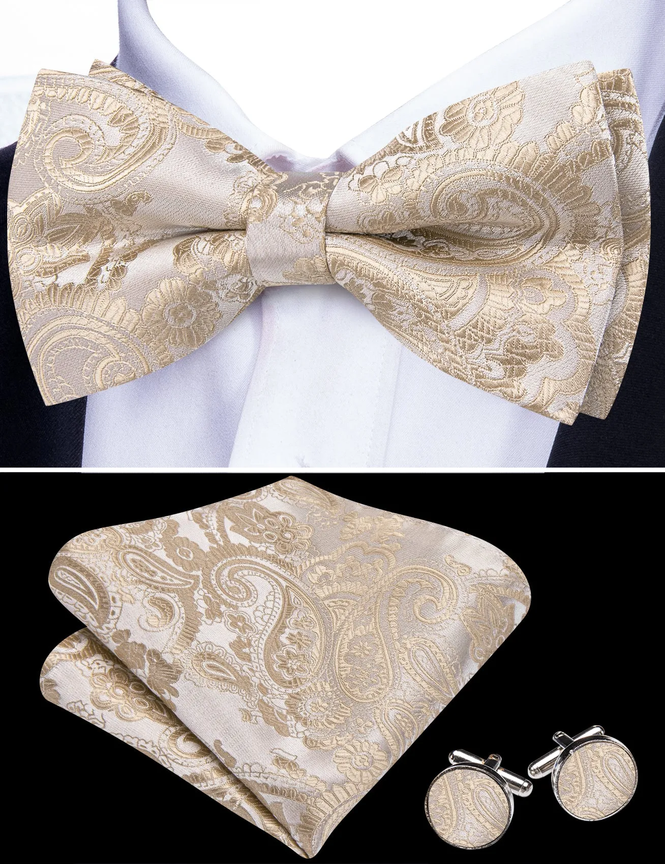 Barry. Wang Light Champagne Bow Tie Adjustable Paisley Pre-tied Tuxedo Bow Tie Hanky Cufflinks Set sold by Barrywang product image thumbnail 2
