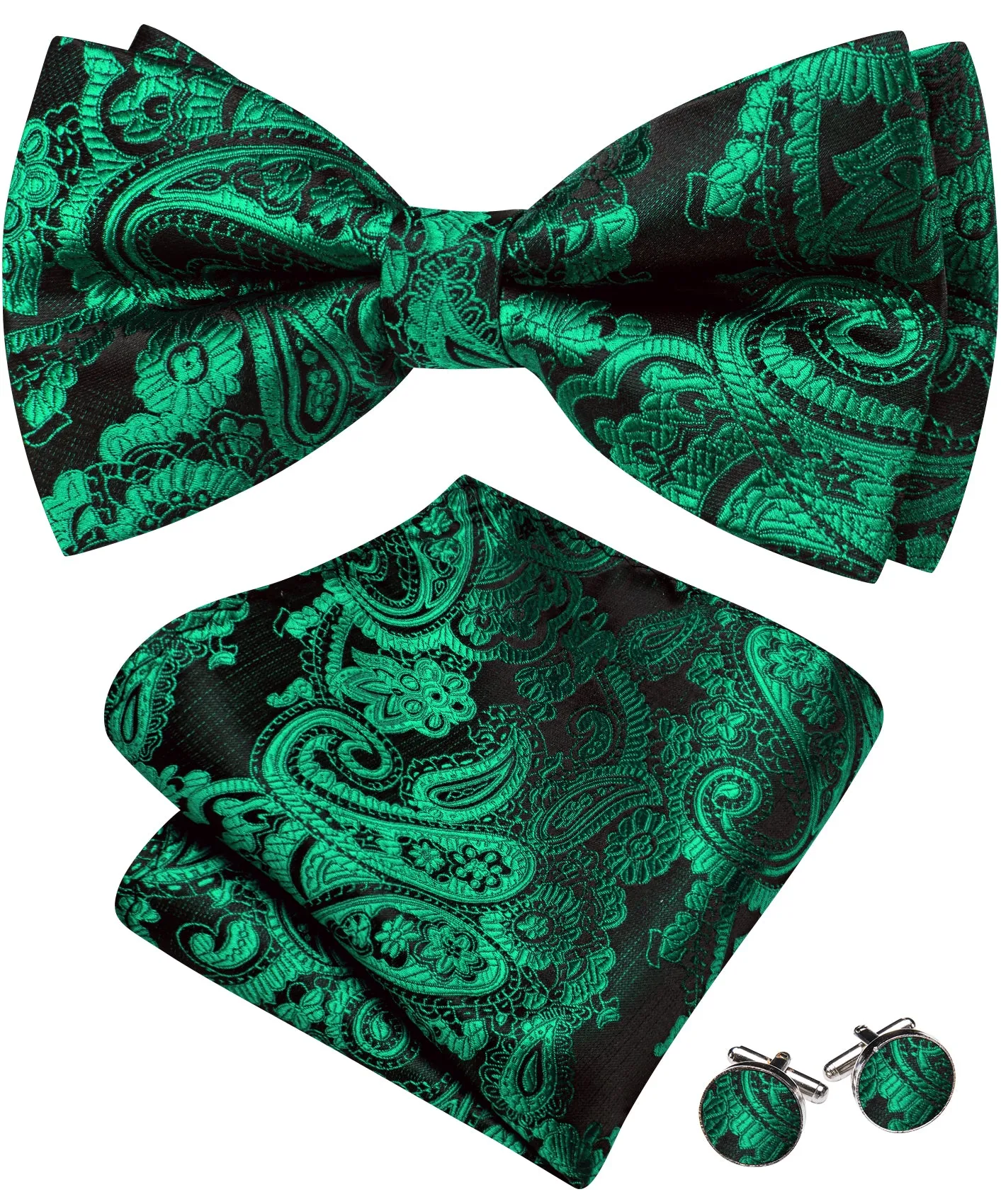 Barry. Wang Emerald Green Bow Tie Hanky Cufflinks Set Paisley Pre-tied Jacquard Men's Formal Bow Tie sold by Barrywang product image thumbnail 4