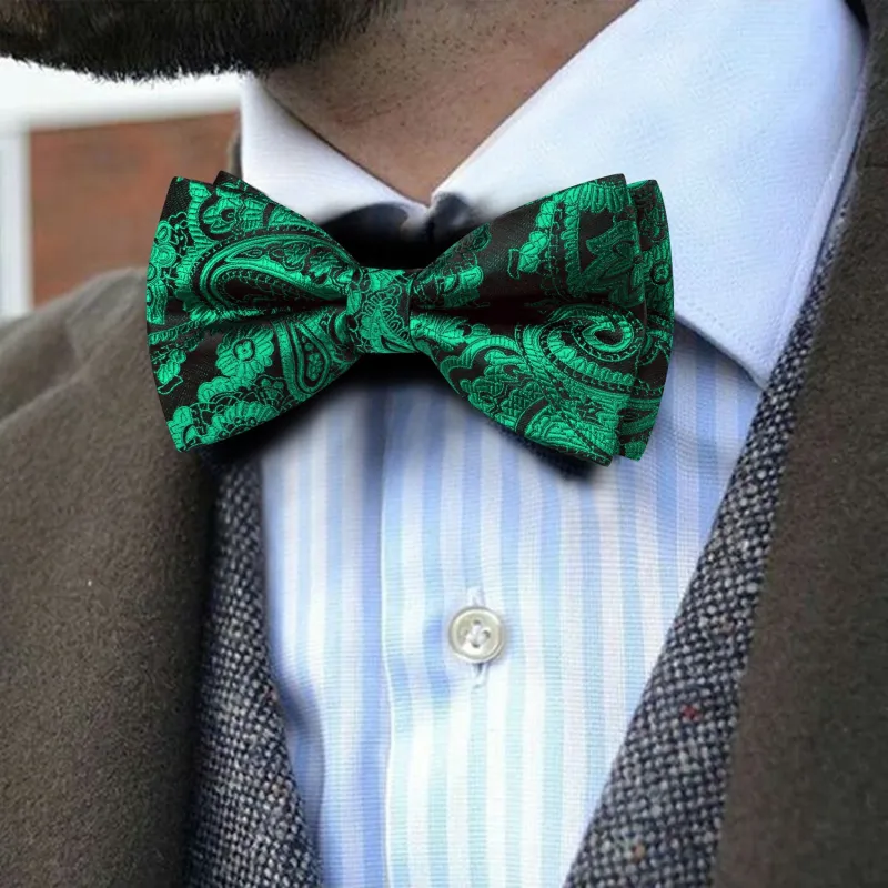 Barry. Wang Emerald Green Bow Tie Hanky Cufflinks Set Paisley Pre-tied Jacquard Men's Formal Bow Tie sold by Barrywang