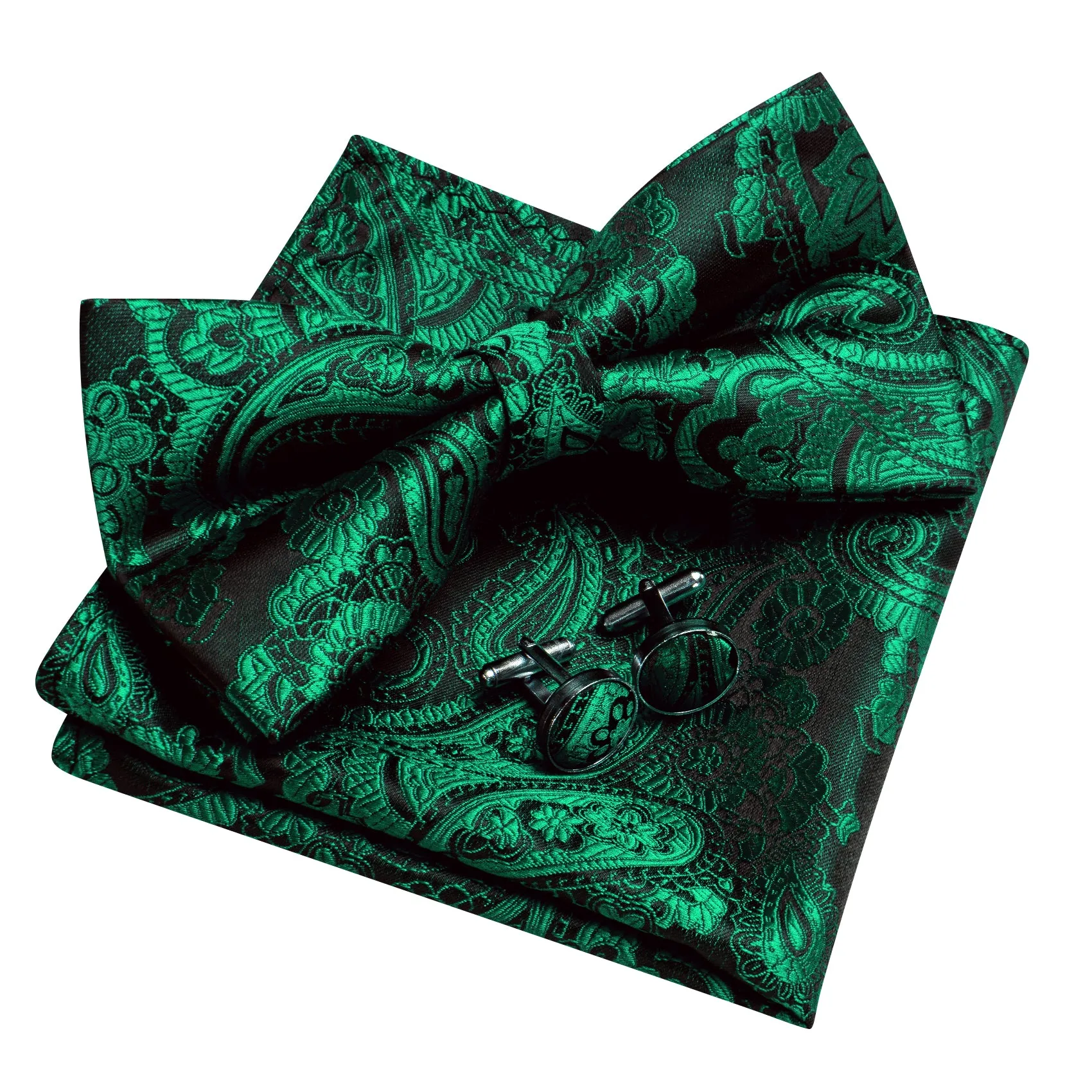 Barry. Wang Emerald Green Bow Tie Hanky Cufflinks Set Paisley Pre-tied Jacquard Men's Formal Bow Tie sold by Barrywang product image thumbnail 5