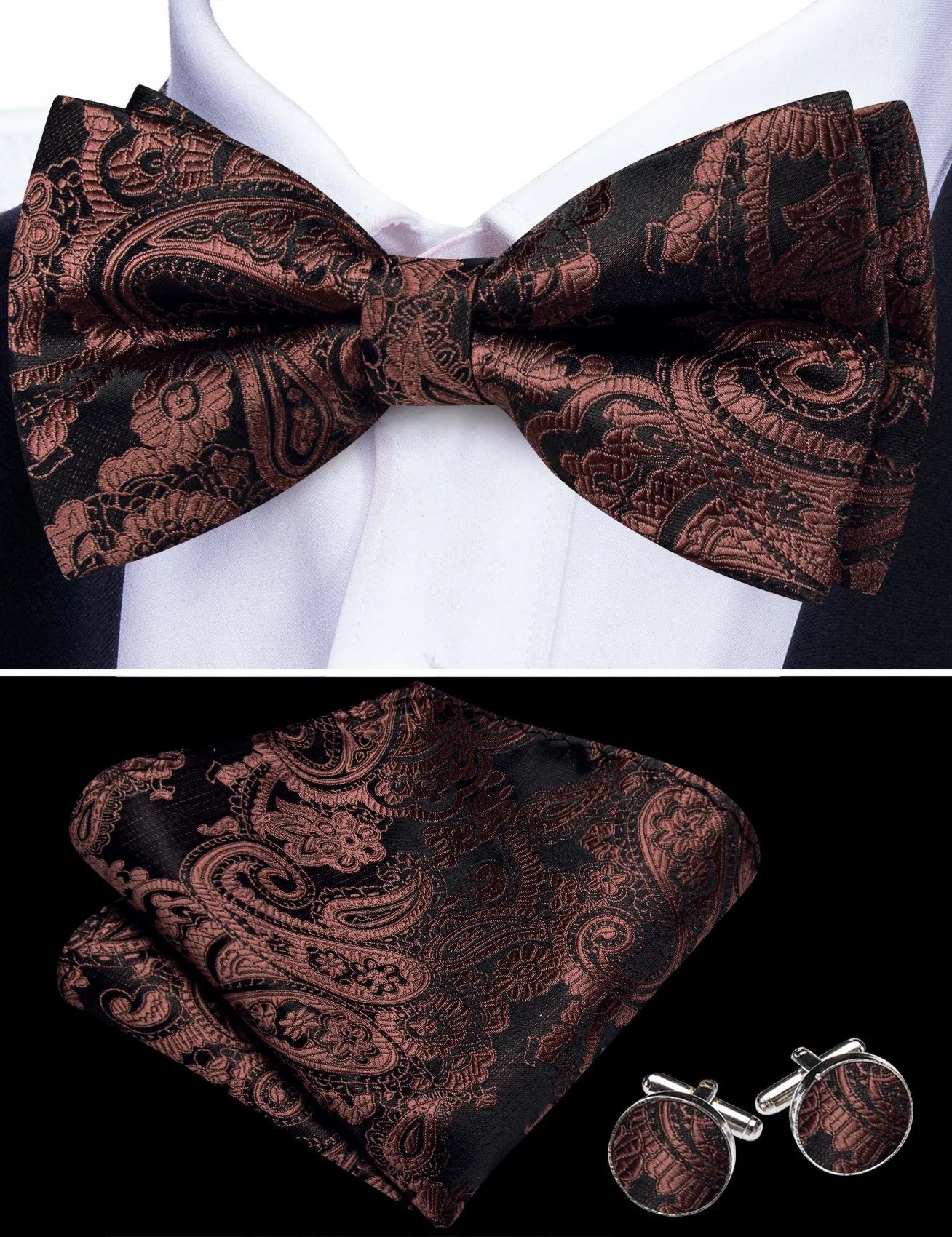 Barry. Wang Rust Paisley Bow Tie for Men Adjustable Pre-tied Wedding Party Bow Tie Hanky Cufflinks Set sold by Barrywang product image thumbnail 2