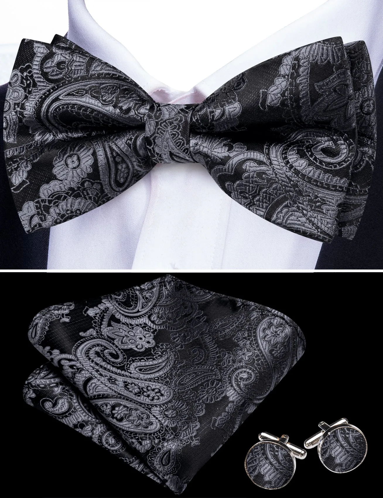 Barry. Wang Paisley Grey Bow Tie Pocket Square Cufflinks Set Silk Pre-tied Bow Tie for Wedding sold by Barrywang product image thumbnail 2