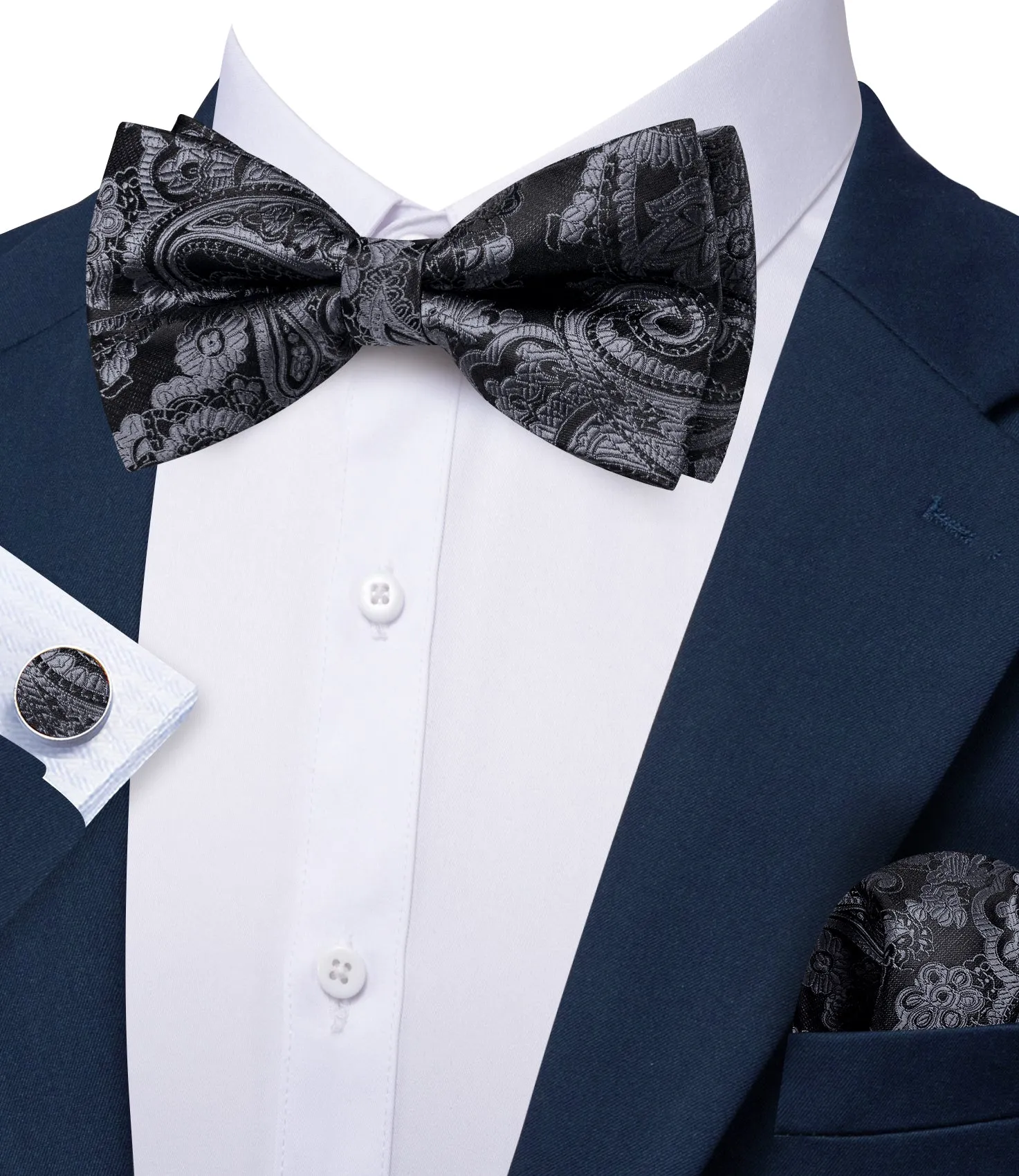 Barry. Wang Paisley Grey Bow Tie Pocket Square Cufflinks Set Silk Pre-tied Bow Tie for Wedding sold by Barrywang product image thumbnail 3
