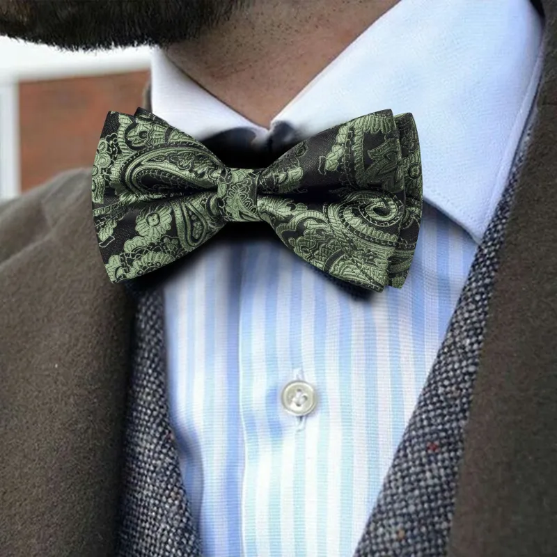 Barry. Wang Olive Paisley Bowtie Pre-tied Adjustable Formal Bow Tie for Tuxedo Hanky Cufflinks Set sold by Barrywang