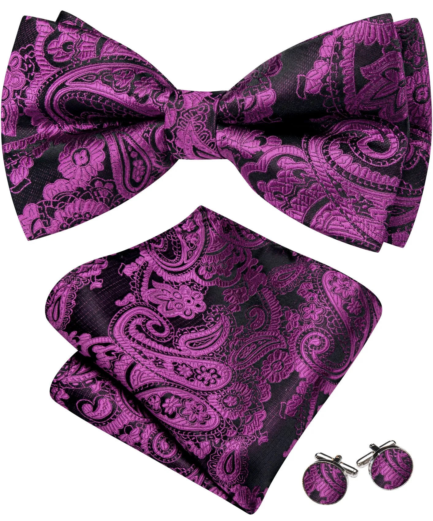 Barry. Wang Wisteria Purple Bowtie for Men Paisley Jacquard Pre-tied Bow Tie Hanky Cufflinks Set sold by Barrywang product image thumbnail 4