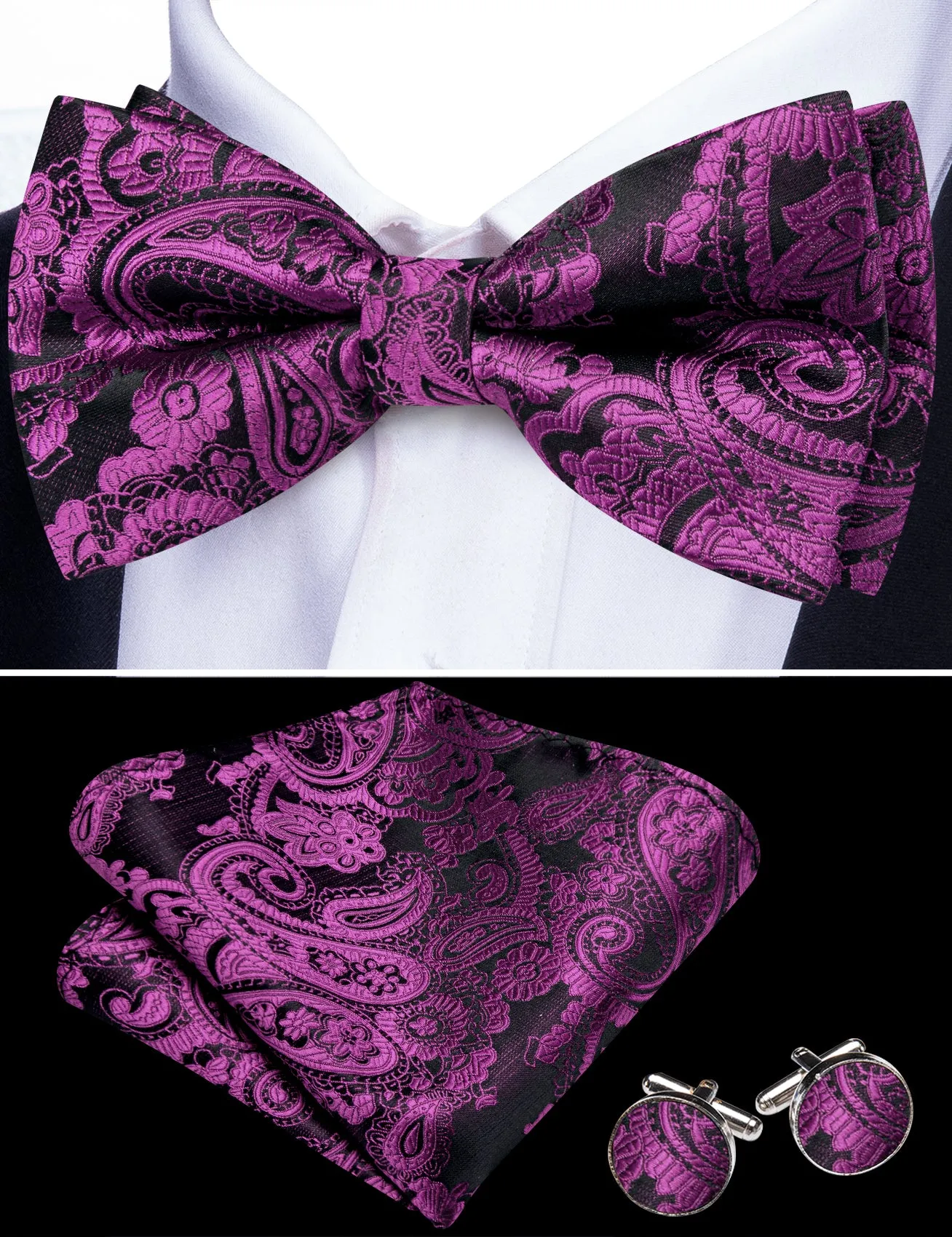 Barry. Wang Wisteria Purple Bowtie for Men Paisley Jacquard Pre-tied Bow Tie Hanky Cufflinks Set sold by Barrywang product image thumbnail 2