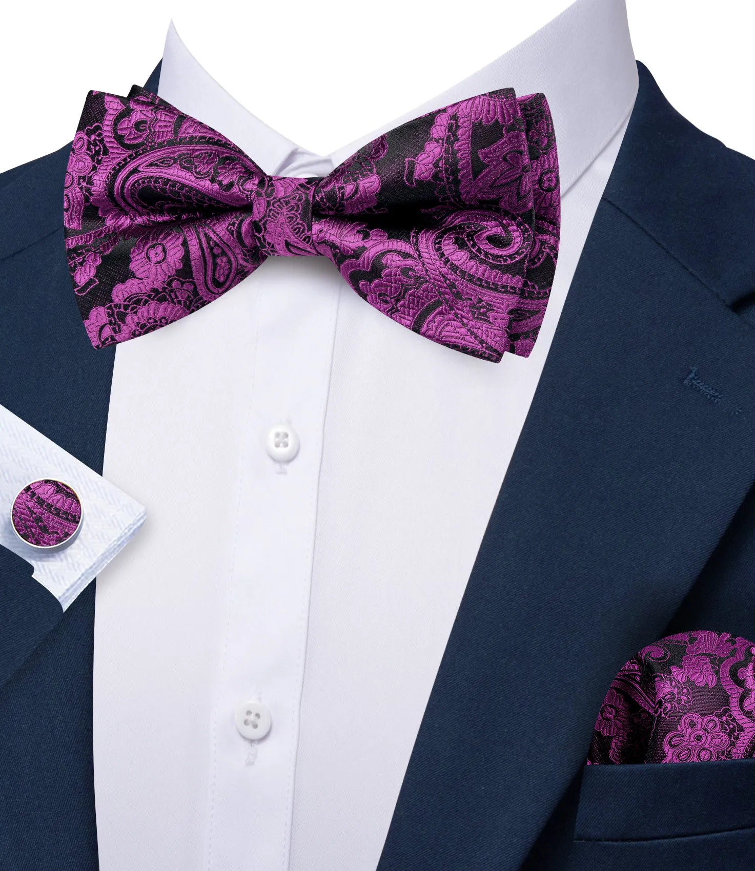 Barry. Wang Wisteria Purple Bowtie for Men Paisley Jacquard Pre-tied Bow Tie Hanky Cufflinks Set sold by Barrywang product image thumbnail 3