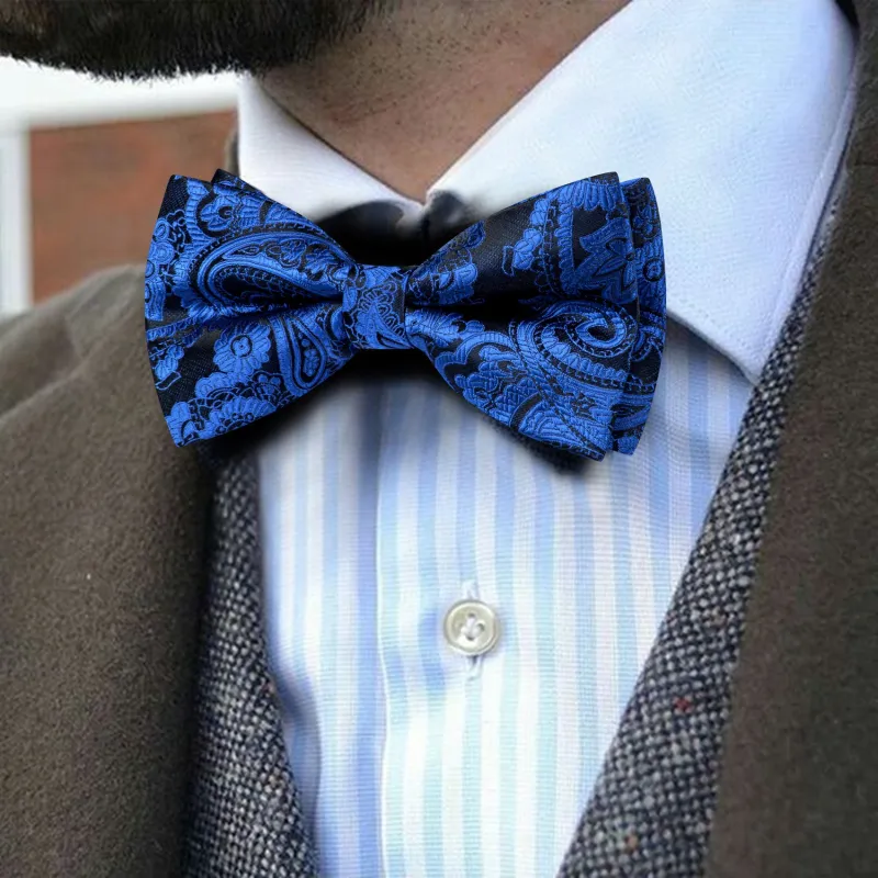 Barry. Wang Royal Blue Bow Tie Paisley Pre-tied Adjustable Men's Formal Bow Tie Hanky Cufflinks Set sold by Barrywang