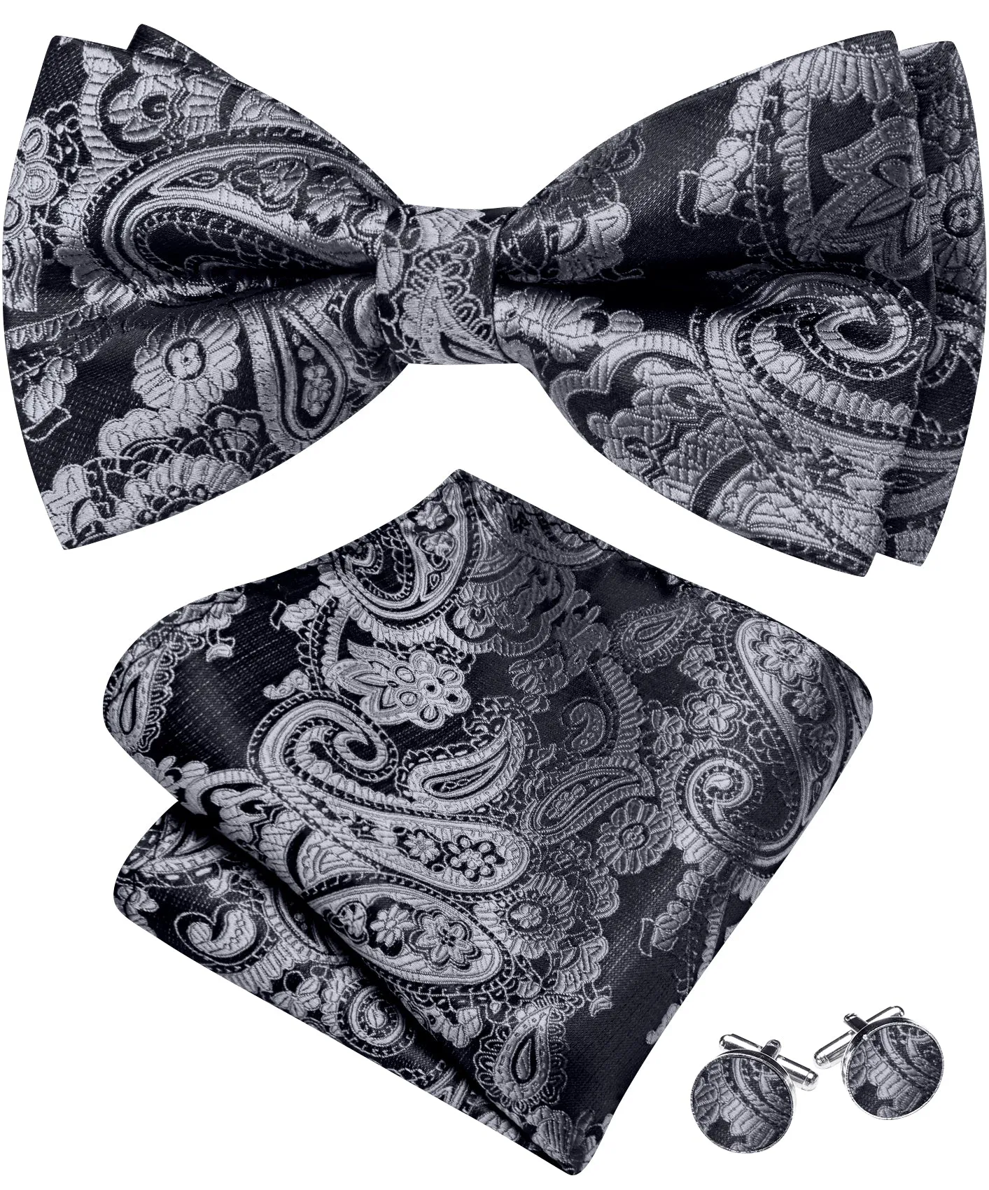 Barry. Wang Gray Paisley Bowtie Pocket Square Cufflinks Set Silk Adjustable Men's Wedding Party Bow Tie sold by Barrywang product image thumbnail 4