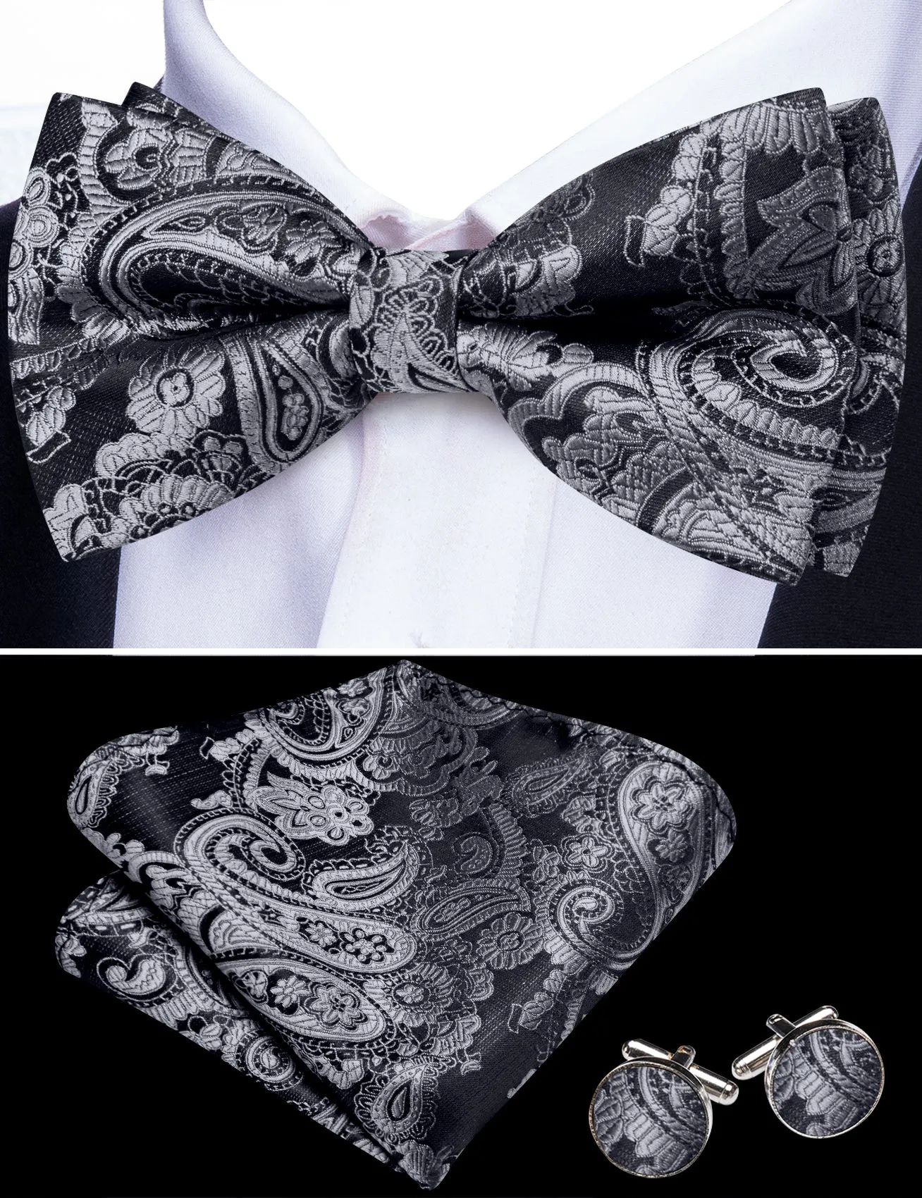 Barry. Wang Gray Paisley Bowtie Pocket Square Cufflinks Set Silk Adjustable Men's Wedding Party Bow Tie sold by Barrywang product image thumbnail 2