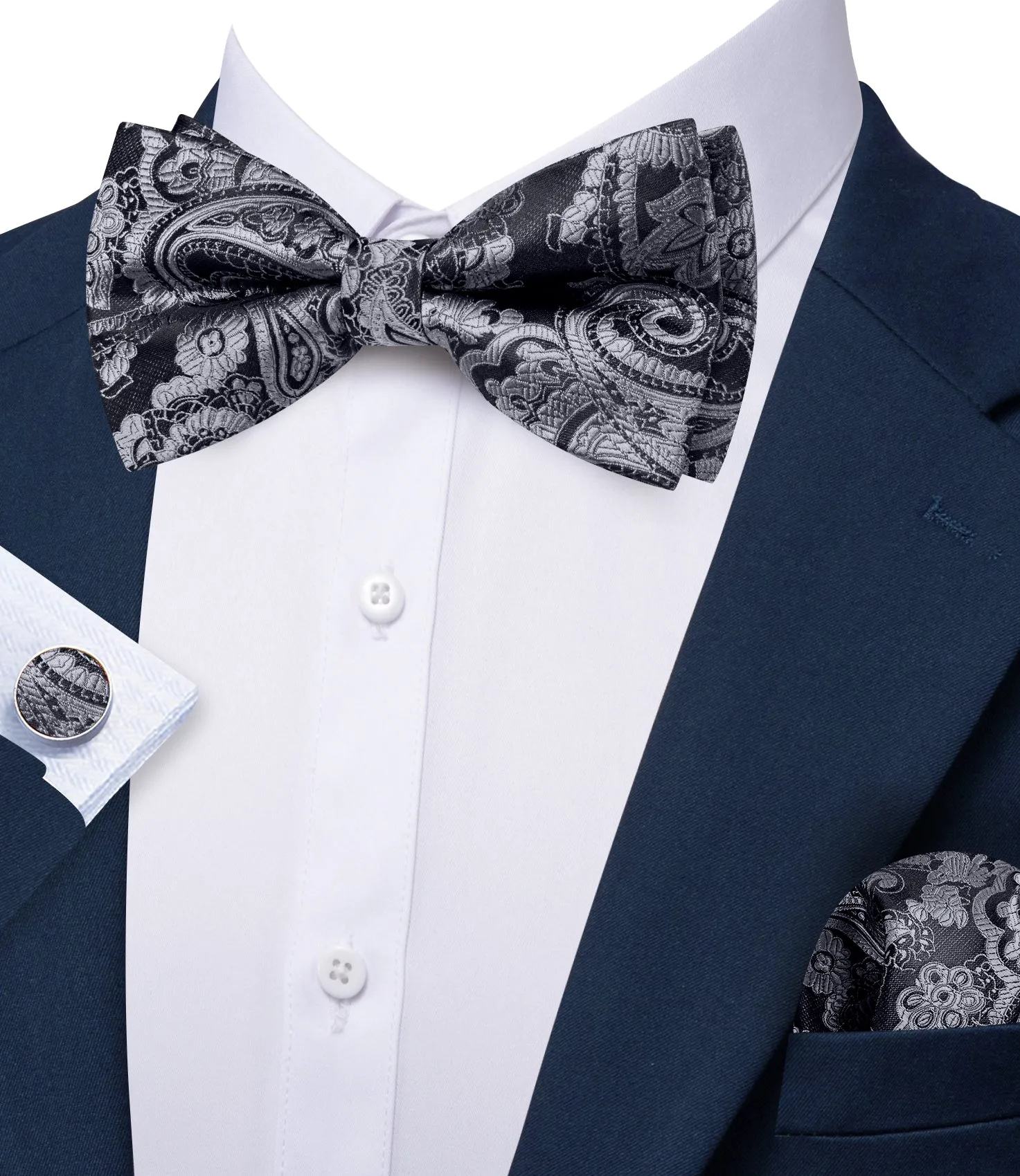 Barry. Wang Gray Paisley Bowtie Pocket Square Cufflinks Set Silk Adjustable Men's Wedding Party Bow Tie sold by Barrywang product image thumbnail 3