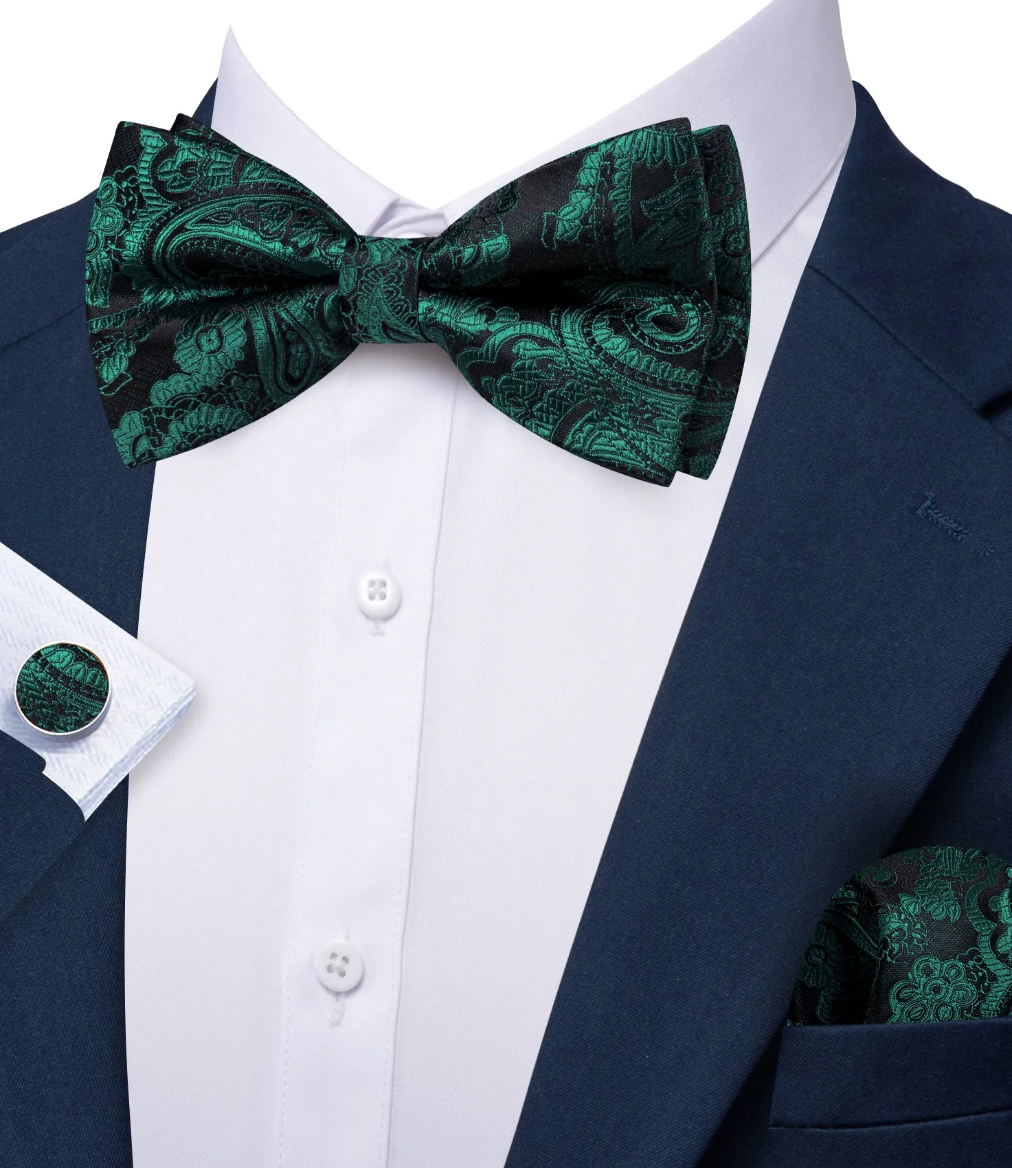 Barry. Wang Green Paisley Bow Tie for Men Jacquard Pre-tied Silk Bow Tie for Party Hanky Cufflinks Set sold by Barrywang product image thumbnail 3