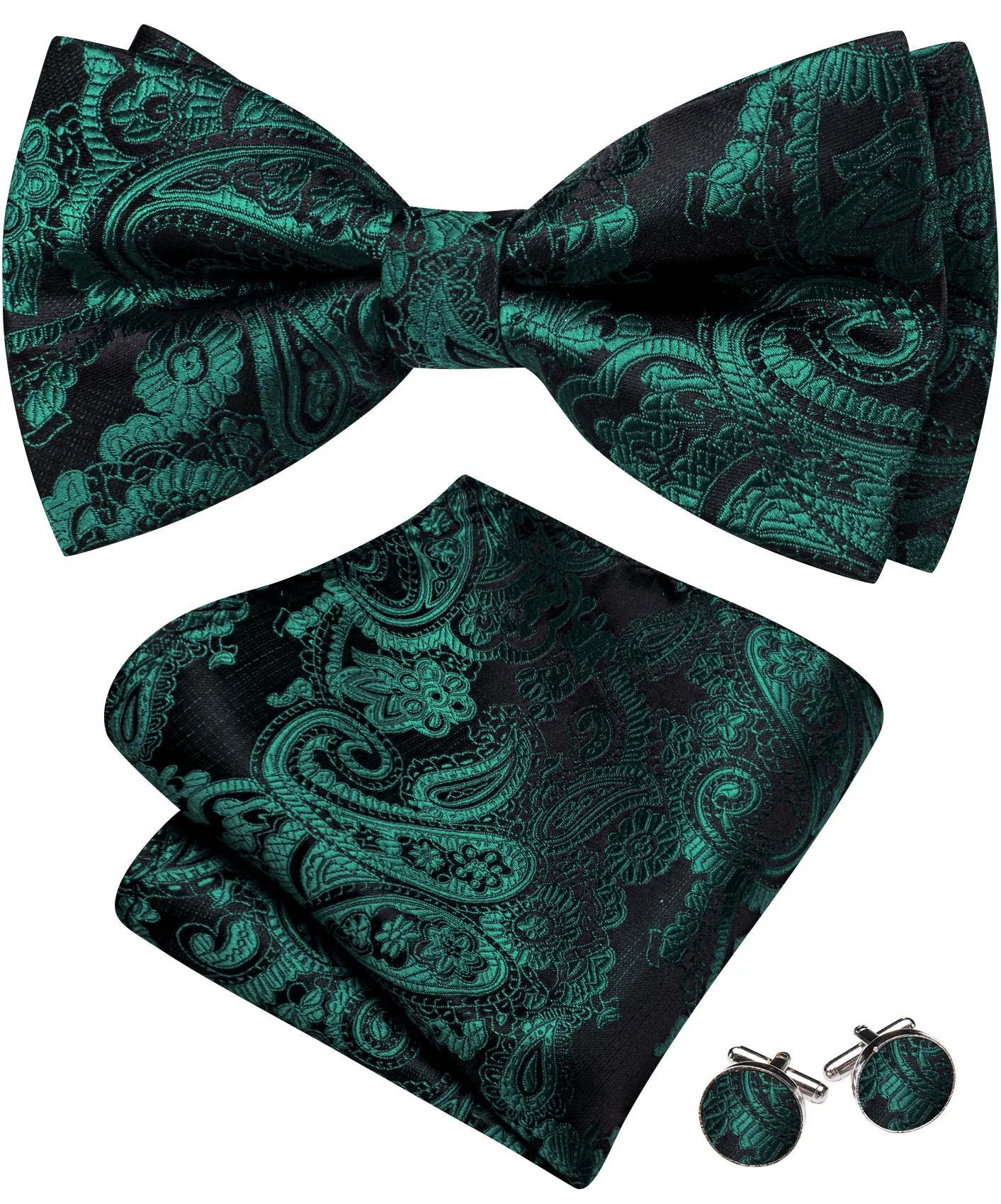 Barry. Wang Green Paisley Bow Tie for Men Jacquard Pre-tied Silk Bow Tie for Party Hanky Cufflinks Set sold by Barrywang product image thumbnail 4