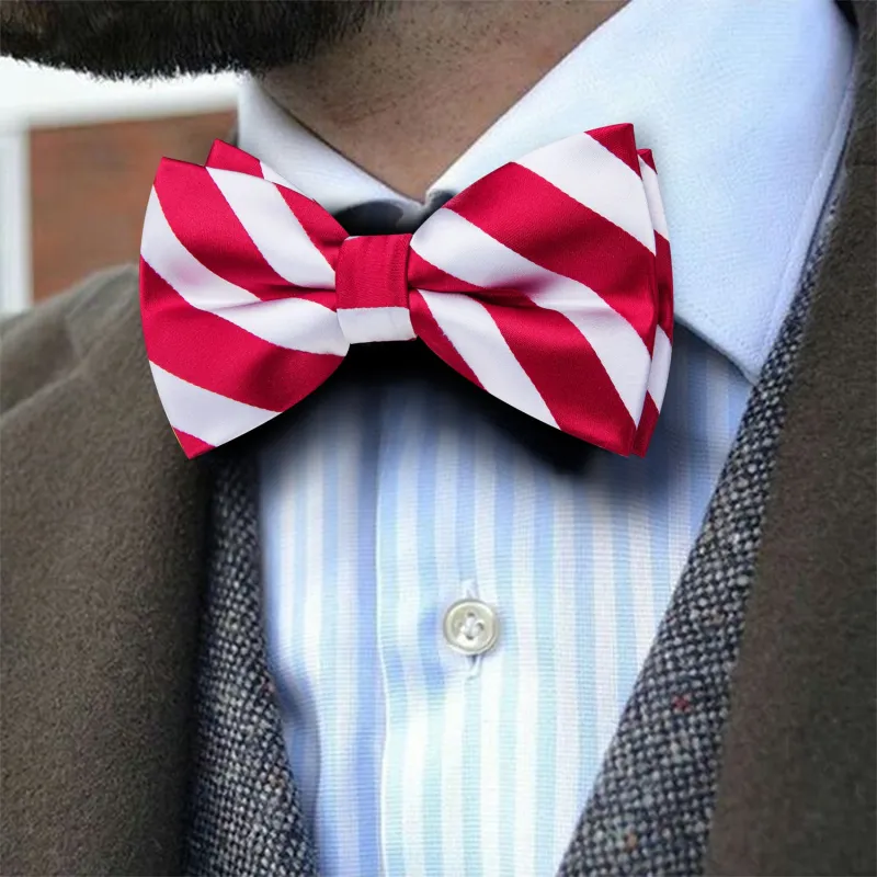 Barry. Wang Red White Bow Tie Set for Men Stripe Satin Pre-tied Bow Tie Pocket Square Cufflinks Set sold by Barrywang