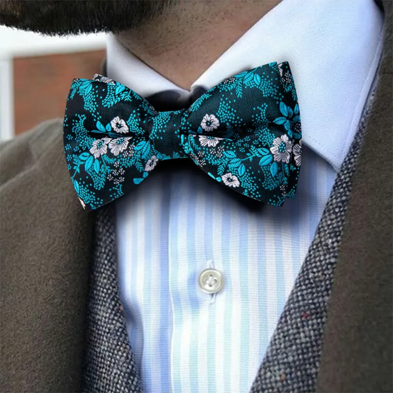Barry. Wang Teal Floral Bowtie Men's Pre-tied Adjustable Formal Bow Tie Hanky Cufflinks Set for Wedding sold by Barrywang