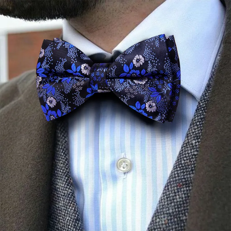 Barry. Wang Royal Blue Bow Tie Floral Jacquard Pre-tied Wedding Bow Tie for Men Hanky Cufflinks Set sold by Barrywang