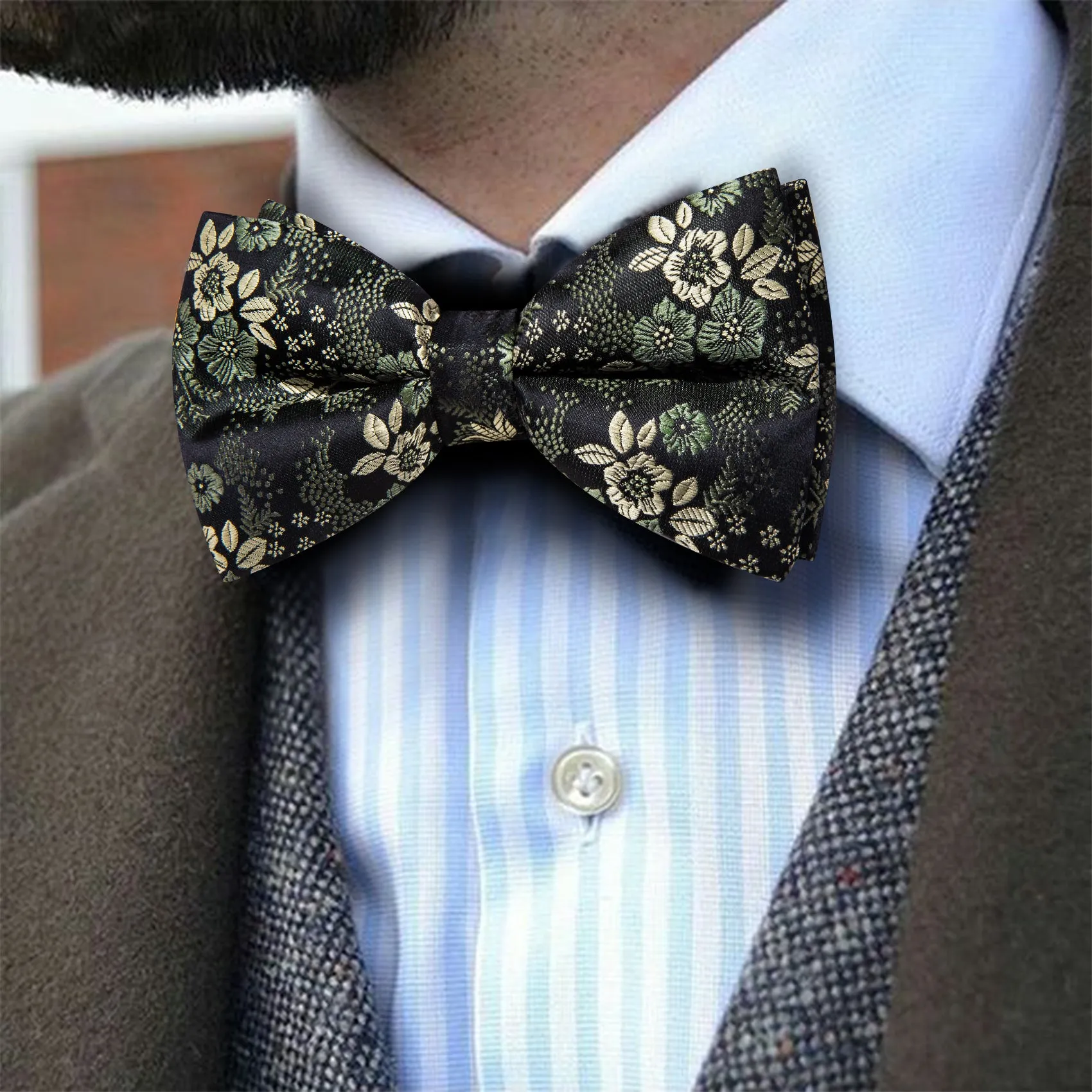 Barry. Wang Olive Floral Bow Tie for Men Adjustable Jacquard Silk Bow Tie Hanky Cufflinks Set for Tuxedo sold by Barrywang