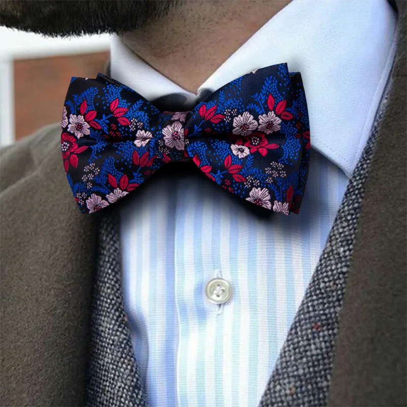 Barry. Wang Classic Blue Bowtie Floral Jacquard Pre-tied Bow Tie Hanky Cufflinks Set for Party sold by Barrywang