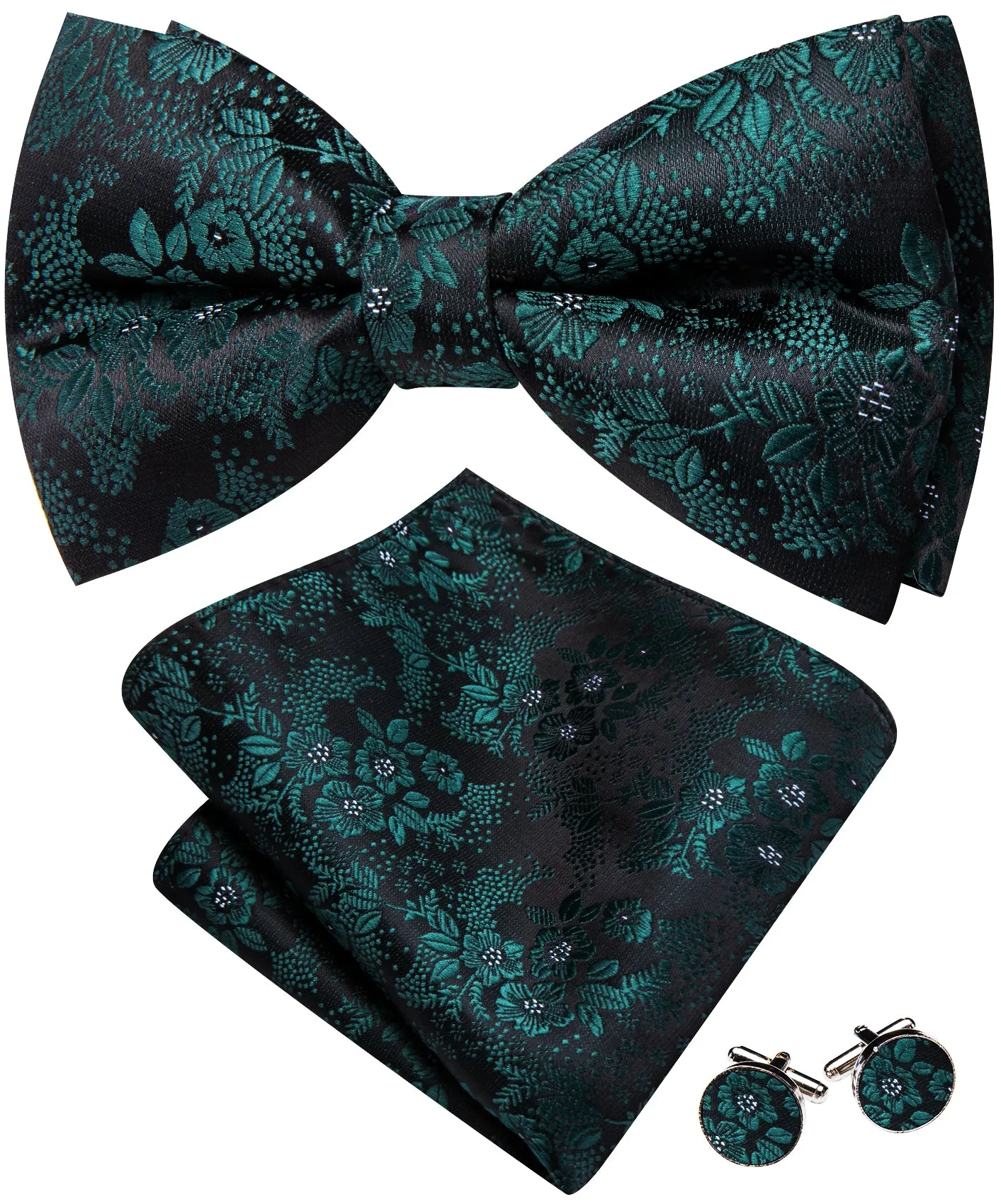 Barry. Wang Hunter Green Bowtie Pocket Square Cufflinks Set Floral Adjustable Men's Wedding Bow Tie sold by Barrywang product image thumbnail 4
