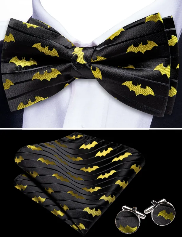 Barry. Wang Black Yellow Bow Tie for Men Pre-tied Adjustable Silk Bat Bowtie Set for Party Wedding sold by Barrywang