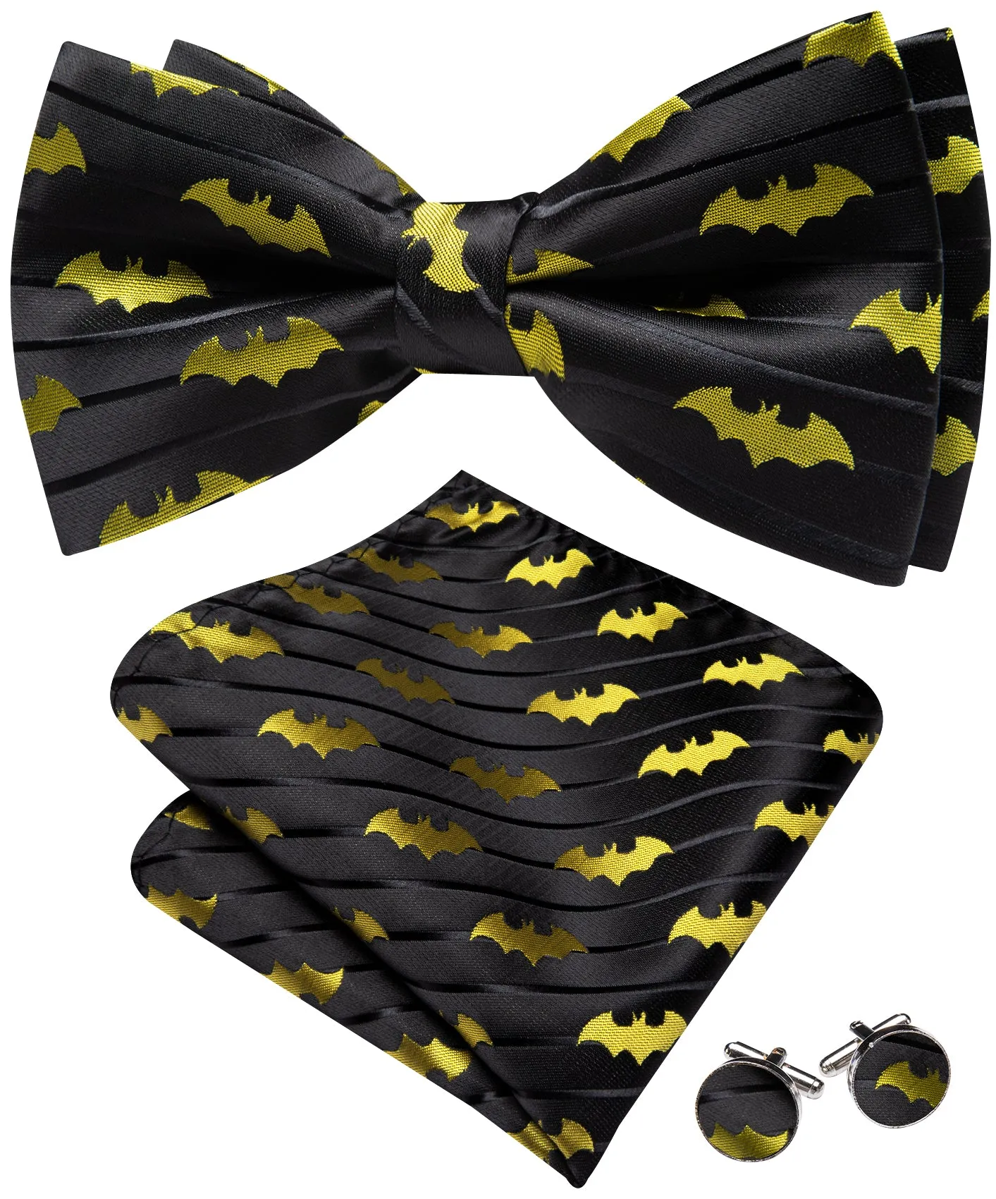 Barry. Wang Black Yellow Bow Tie for Men Pre-tied Adjustable Silk Bat Bowtie Set for Party Wedding sold by Barrywang product image thumbnail 3