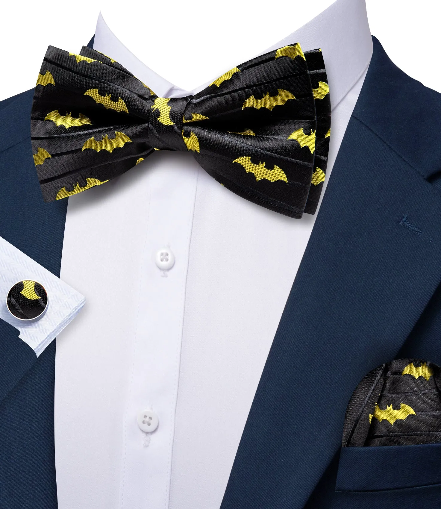 Barry. Wang Black Yellow Bow Tie for Men Pre-tied Adjustable Silk Bat Bowtie Set for Party Wedding sold by Barrywang product image thumbnail 2