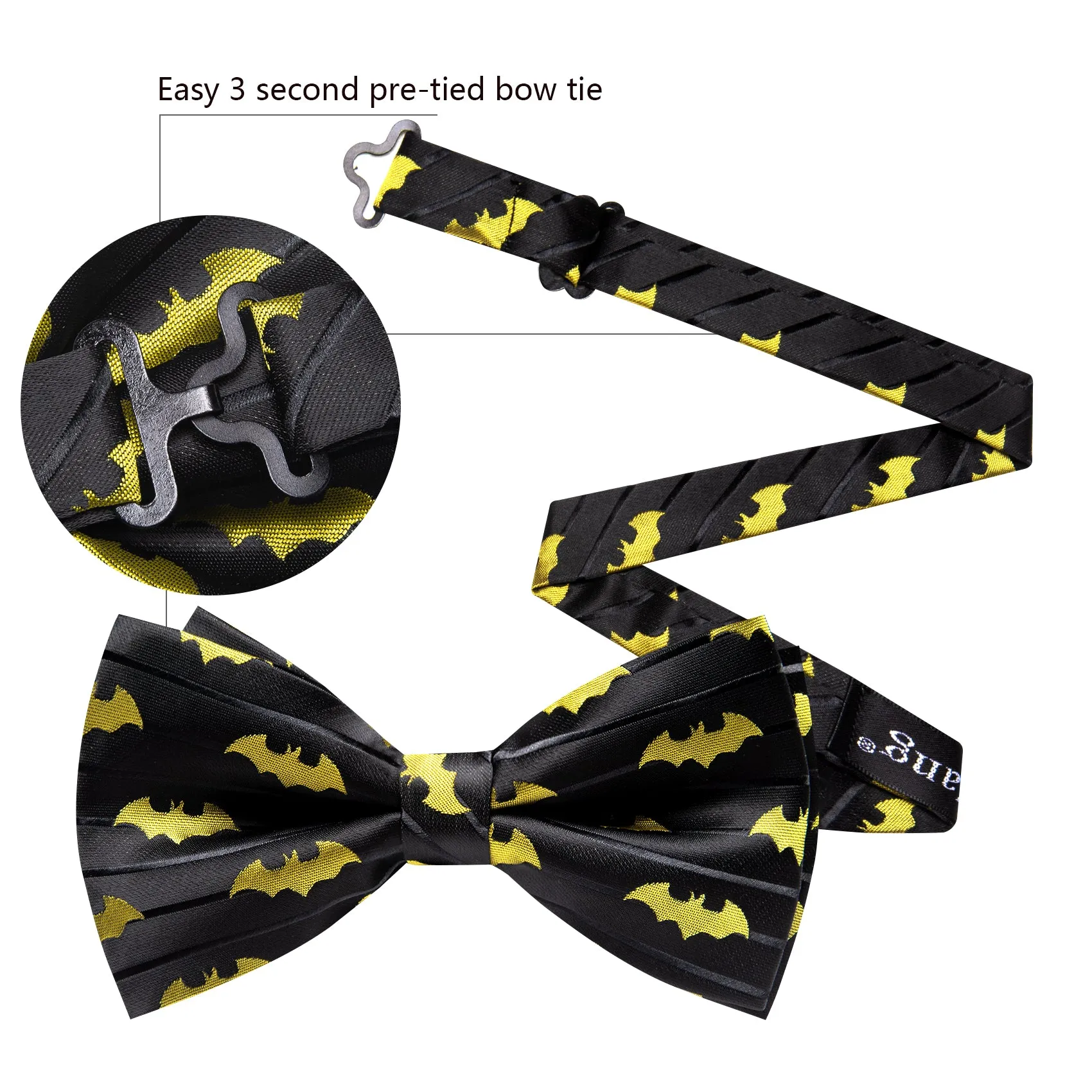 Barry. Wang Black Yellow Bow Tie for Men Pre-tied Adjustable Silk Bat Bowtie Set for Party Wedding sold by Barrywang product image thumbnail 5