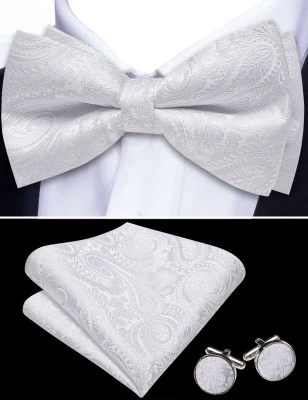 Barry. Wang White Wedding Bowtie Pre-tied Paisley Men's Silk Tuxedo Bowtie Hanky Cufflinks Set sold by Barrywang