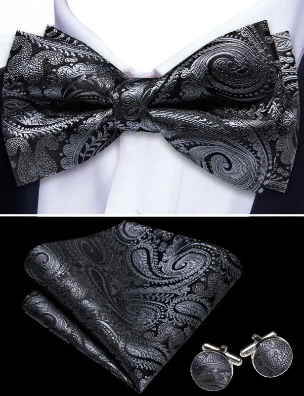 Barry. Wang Grey Paisley Bowtie for Men Pre-tied Silk Jacquard Wedding Bowtie Pocket Square Cufflinks Set sold by Barrywang